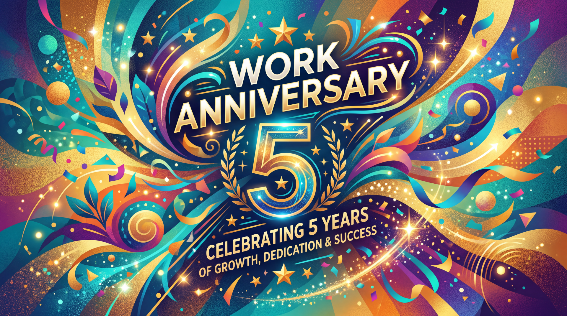 Vibrant 5K Ultra HD PC desktop wallpaper celebrating a 5-year work anniversary with Work Anniversary headline, laurel wreath, stars and colorful swirling confetti.