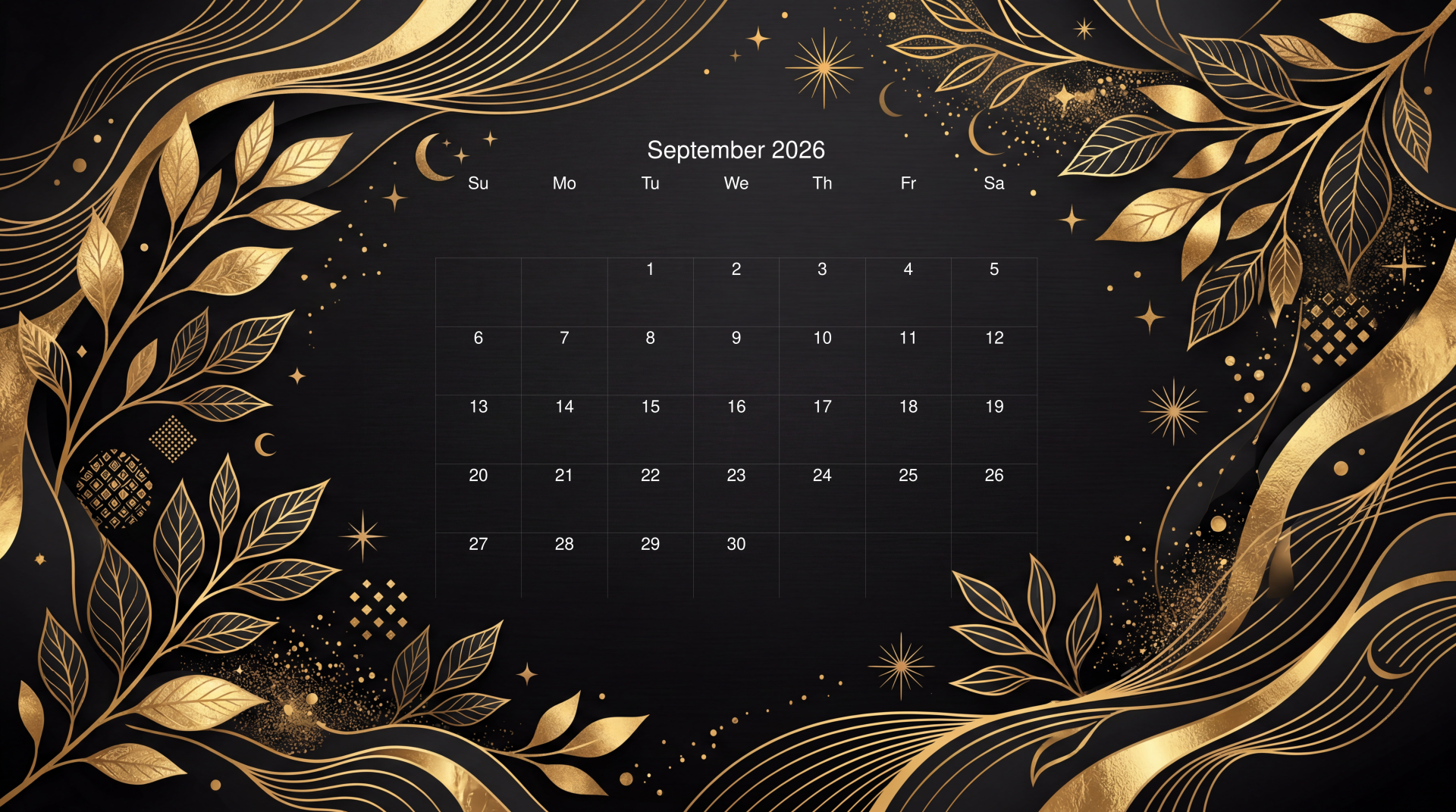 September 2026 calendar on a black grid framed by ornate gold leaves and flowing ribbons — 5K Ultra HD PC Desktop Wallpaper and Background.