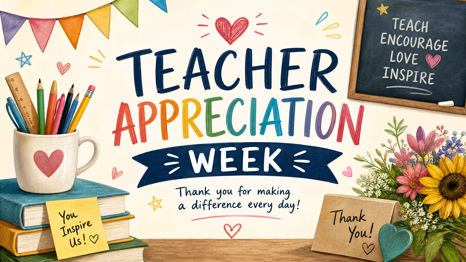 4K Ultra HD PC desktop wallpaper showing Teacher Appreciation Week in colorful letters, heart, pencils, mug, chalkboard reading Teach Encourage Love Inspire, thank-you notes and flowers.