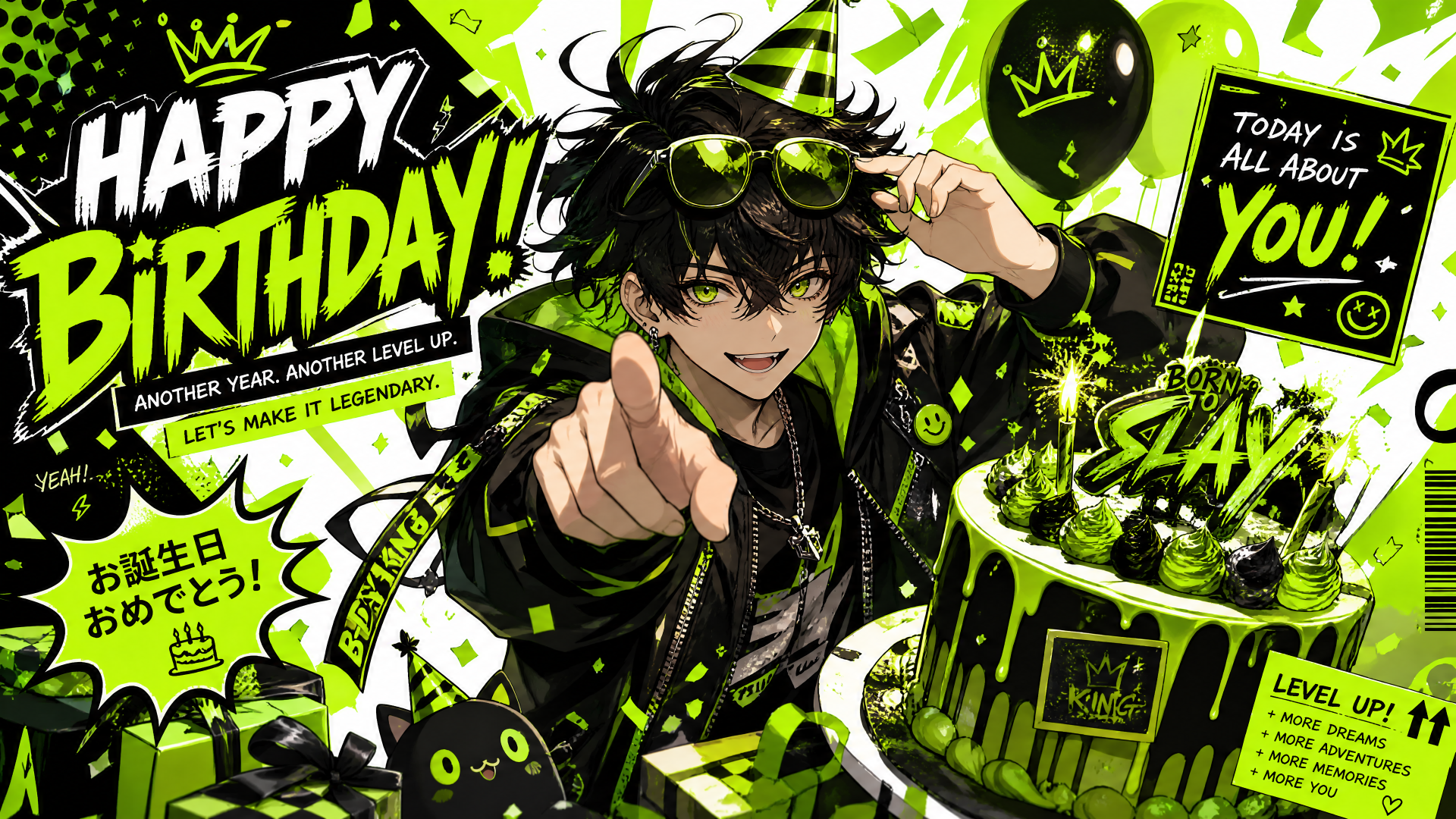 Vibrant anime birthday 4K Ultra HD PC desktop wallpaper: grinning dark-haired character in party hat points at viewer amid neon green-and-black cake, balloons, confetti and 'Happy Birthday' text.