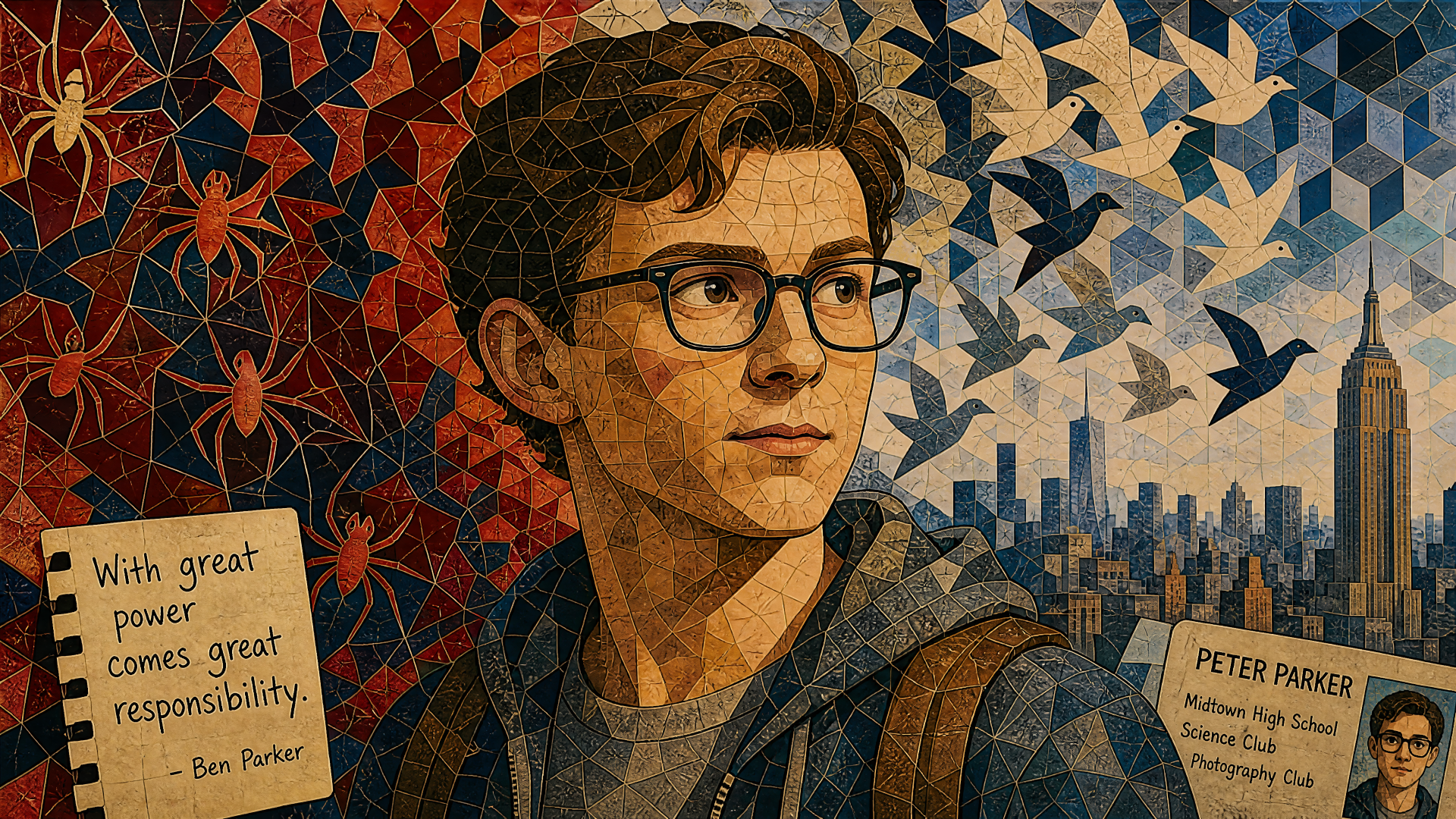 4K Ultra HD PC desktop wallpaper: mosaic-style portrait of Peter Parker in glasses and backpack against a city skyline with birds and spider motifs.