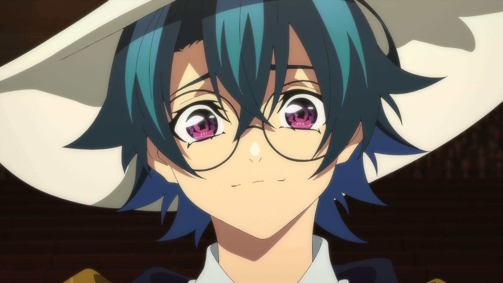 HD PC desktop wallpaper: Will Serfort from Wistoria: Wand and Sword — close-up of anime character with blue hair, pink eyes, glasses and white wizard hat.