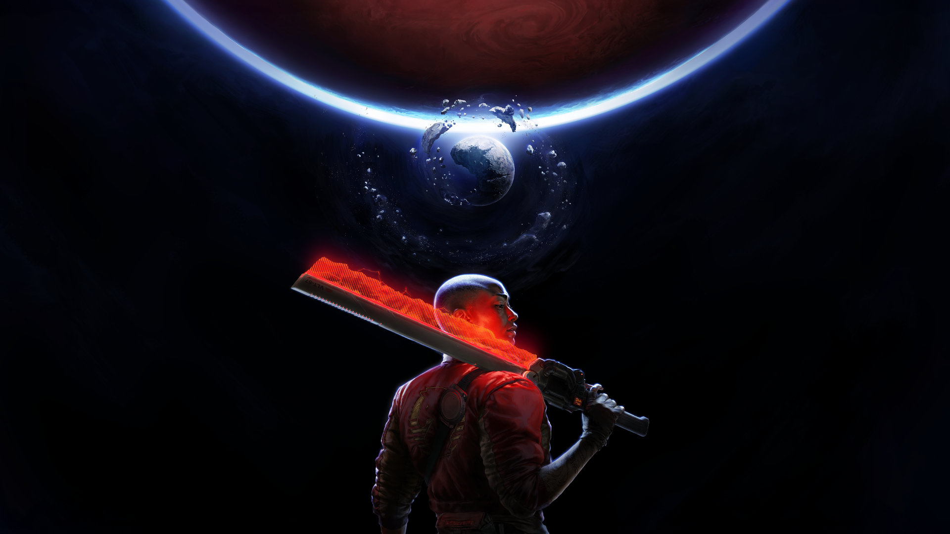Silhouetted heretic warrior with a glowing red blade faces a ringed planet and small Earth-like moon; 4K Ultra HD PC desktop wallpaper from the video game Intergalactic: The Heretic Prophet.