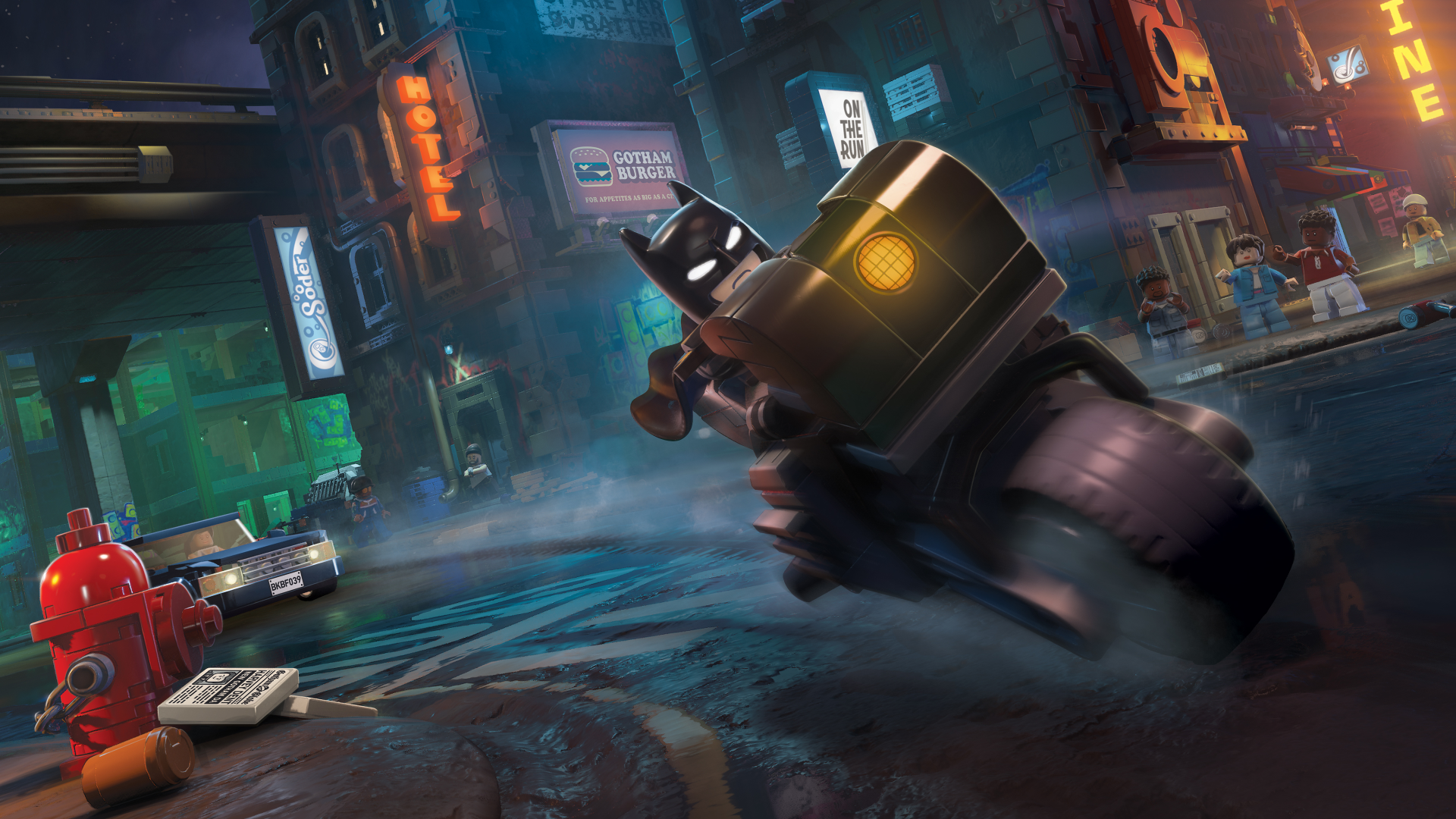 Lego Batman: Legacy of the Dark Knight video game 4K Ultra HD PC wallpaper — Lego Batman racing a Batcycle through rain‑slick, neon‑lit Gotham streets.