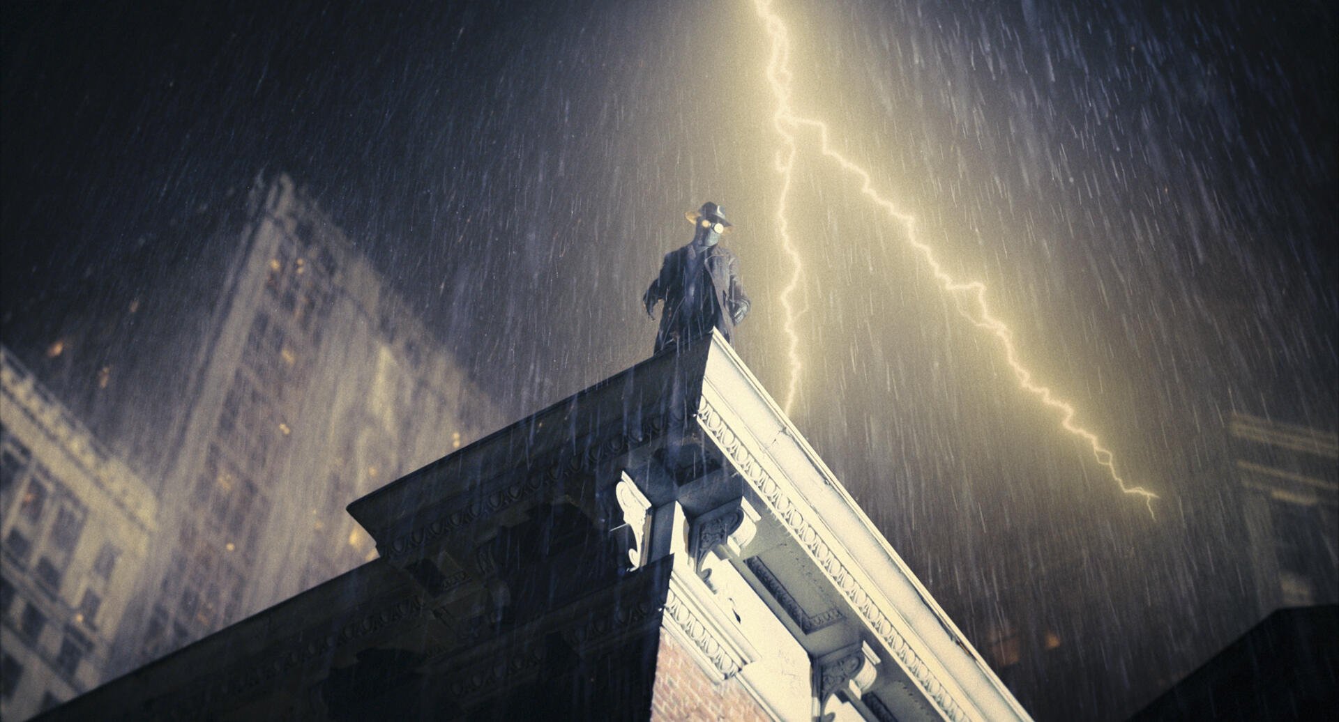 Spider-Man Noir (TV show) perched on a rain‑slick rooftop as lightning forks the sky — 2K Quad HD PC desktop wallpaper