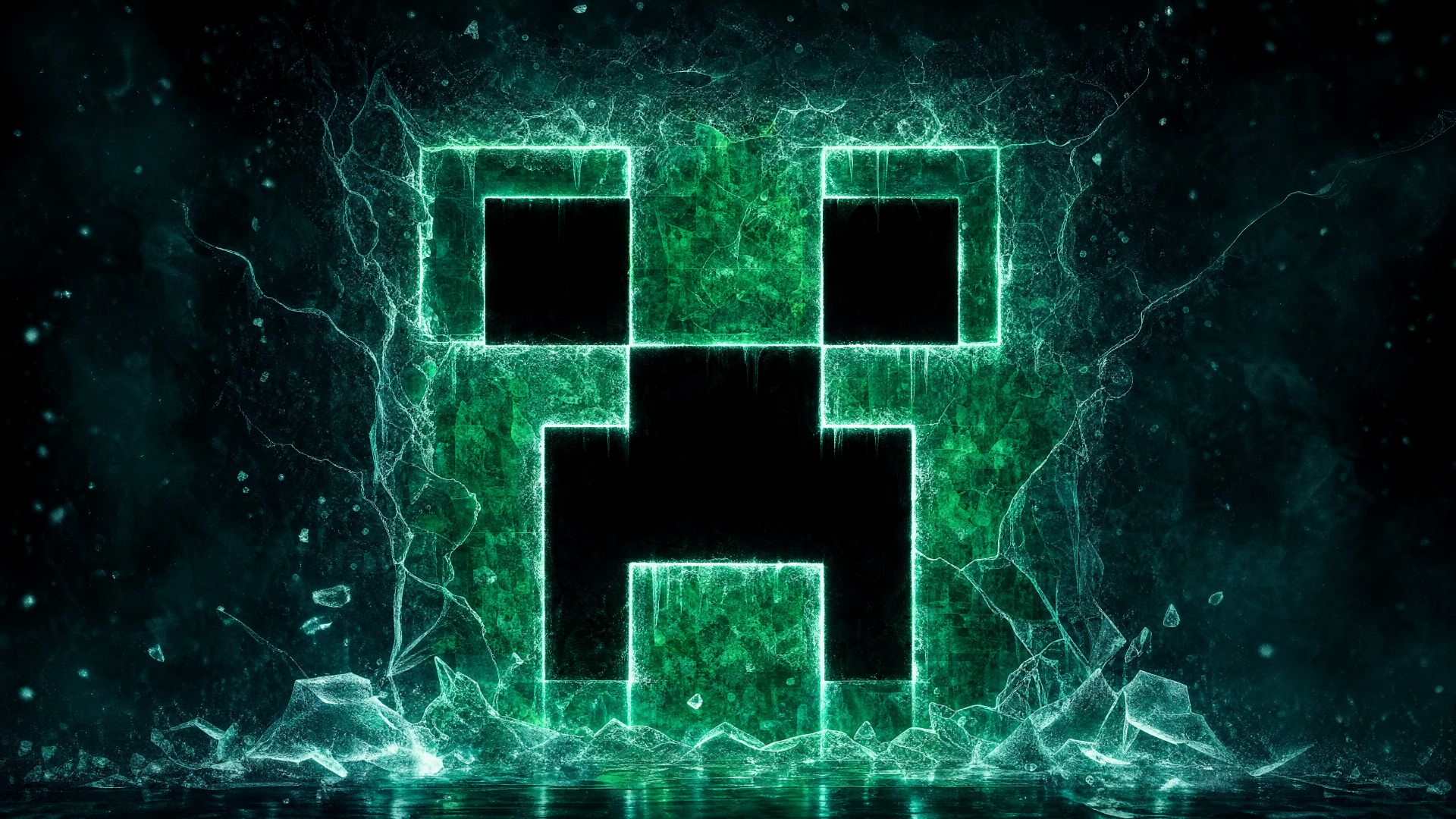 Neon green Minecraft Creeper face formed from electric shards and glowing mist — 4K Ultra HD PC desktop wallpaper/background.