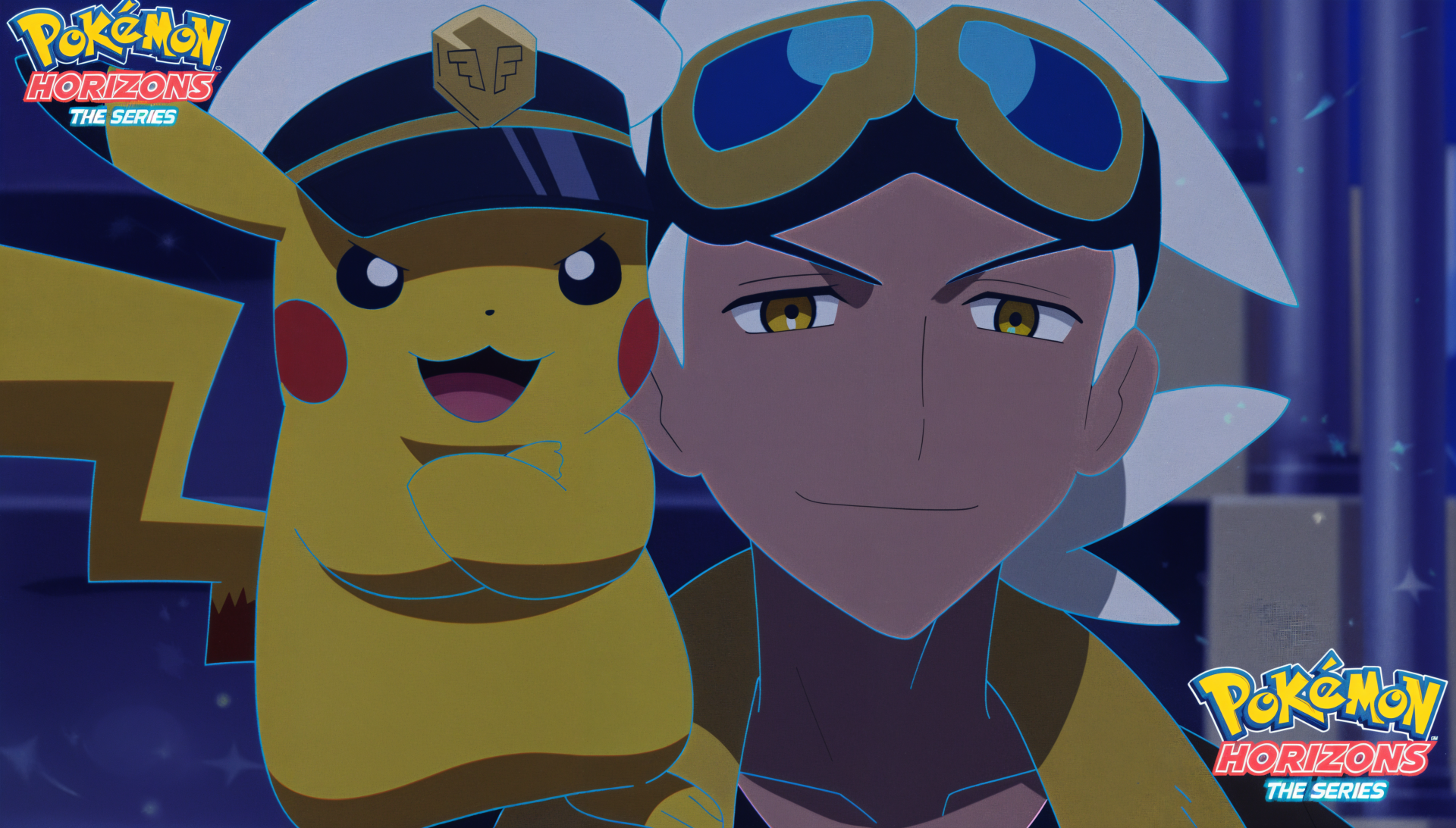 4K Ultra HD PC desktop wallpaper from Pokémon Horizons: The Series showing Pikachu perched on a goggled trainer's shoulder against a starry night backdrop, with series logos in the corners.