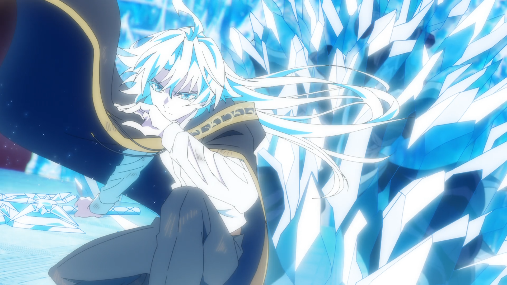 HD PC desktop wallpaper: Will Serfort from Wistoria: Wand and Sword — anime scene of a white-haired mage in a dark cloak, glowing blue crystal shards bursting behind him.