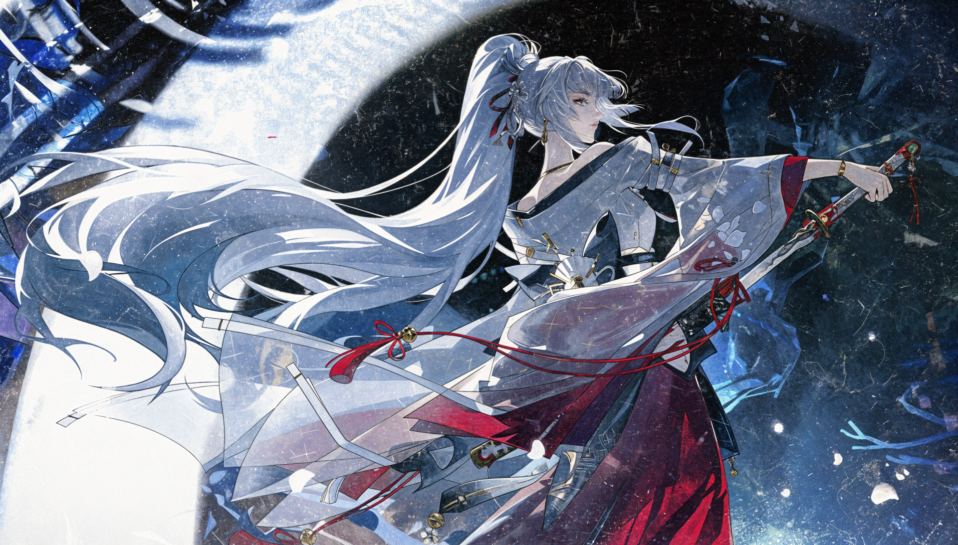 Hiyuki (Wuthering Waves) in a flowing white-and-red kimono, long silver hair and katana against a moonlit, snowy starfield — 4K Ultra HD PC desktop wallpaper and background.