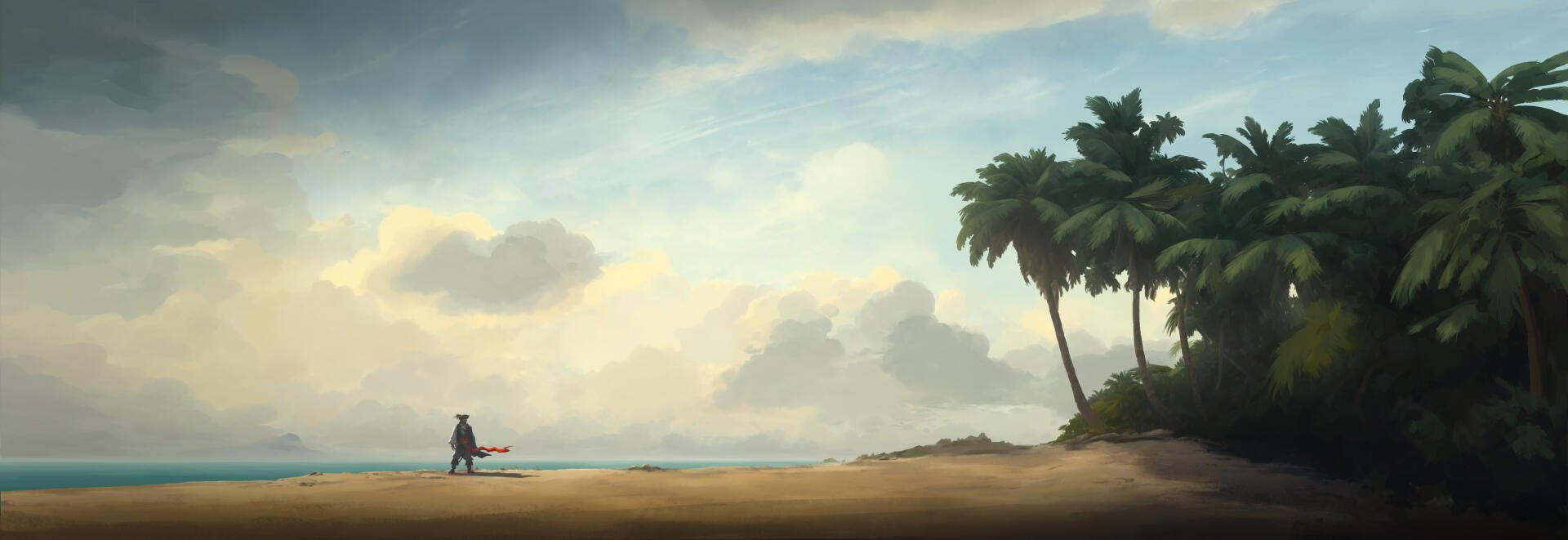 Windrose video game 2K Quad HD PC desktop wallpaper: small cloaked traveler on a wide sandy beach, palms to the right, calm sea and dramatic clouded sky.