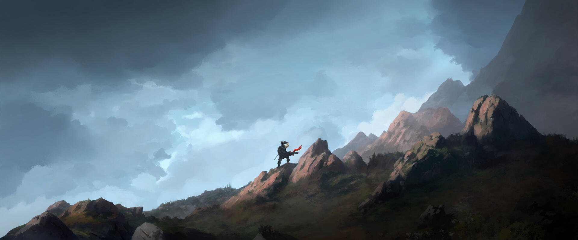 Windrose video game 2K Quad HD PC desktop wallpaper/background: silhouetted traveler with staff atop rocky ridge beneath turbulent clouds and distant mountain peaks.