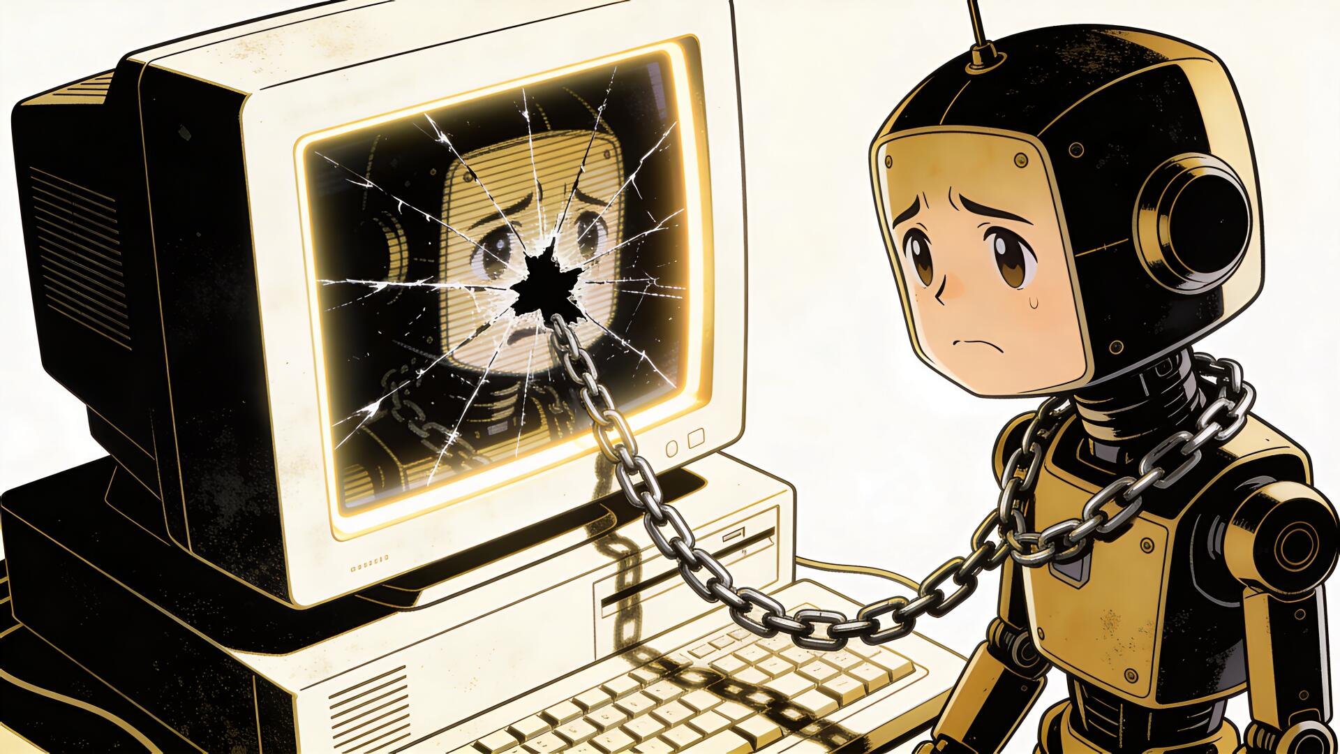 Sci-fi 4K Ultra HD PC desktop wallpaper: a sad, childlike robot chained to a vintage CRT computer whose shattered screen reflects its face.