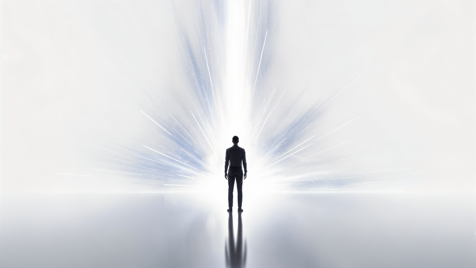 Clean 4K Ultra HD PC desktop wallpaper: a silhouetted figure stands before a radiant white light, soft blue beams and a mirrored reflective floor.