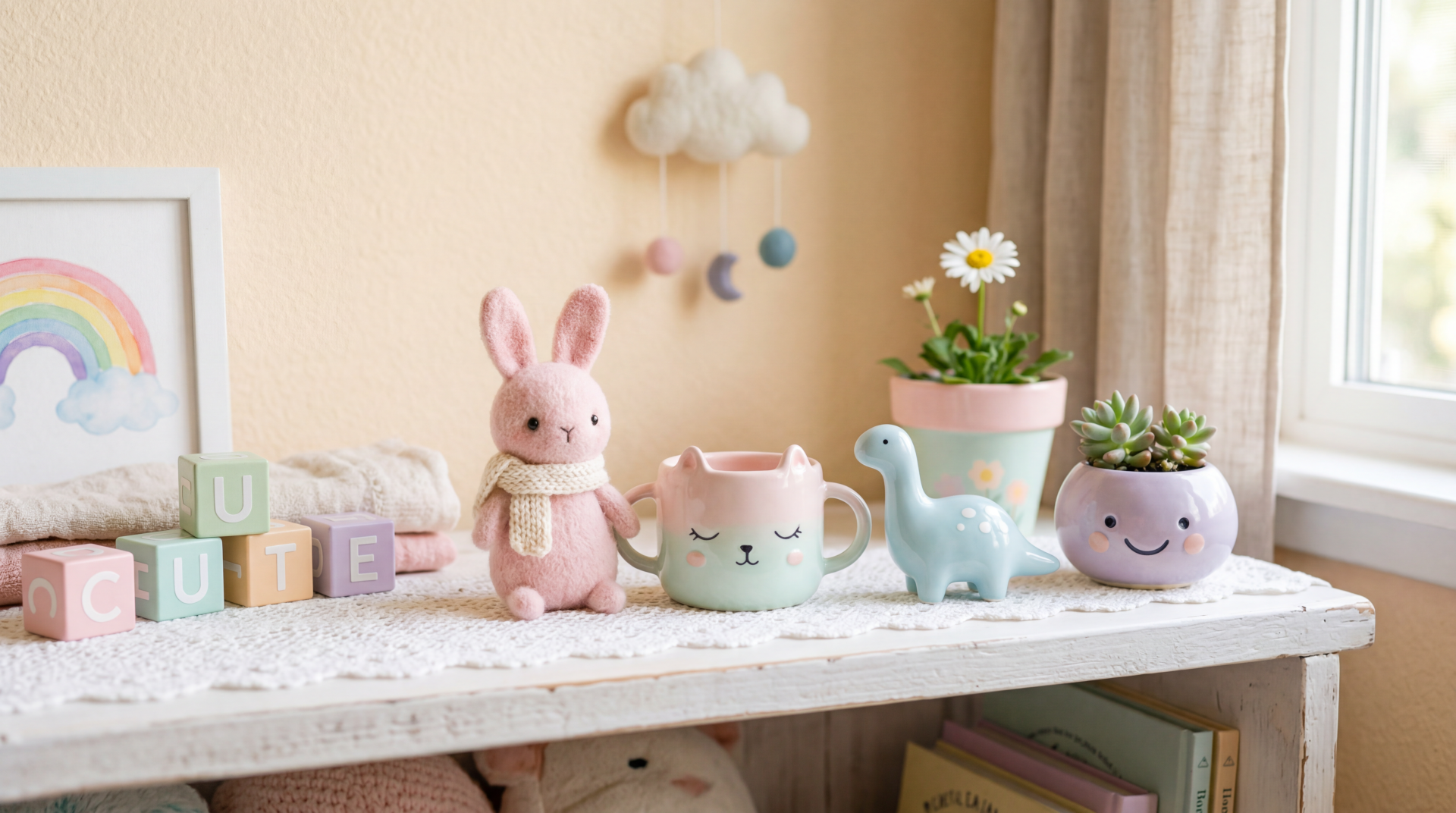 Cute pastel nursery shelf with plush bunny, smiling plant pots, toy dino and blocks — cute whimsical 5K Ultra HD PC Desktop Wallpaper and Background.