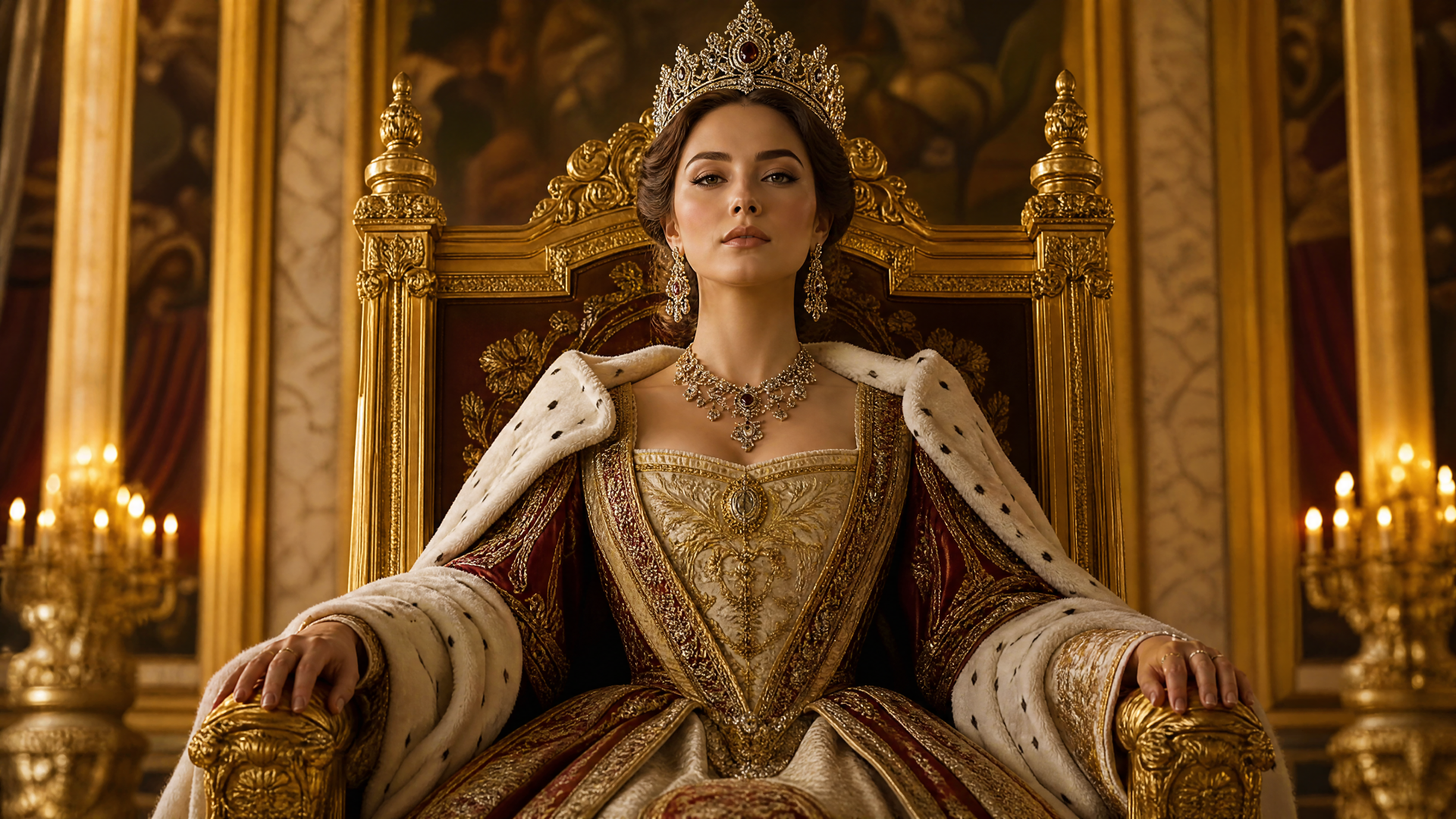 4K Ultra HD PC wallpaper: a woman empress in full Royalty regalia—gold embroidered coronation gown and crown—seated on an ornate golden throne as a dramatic background.