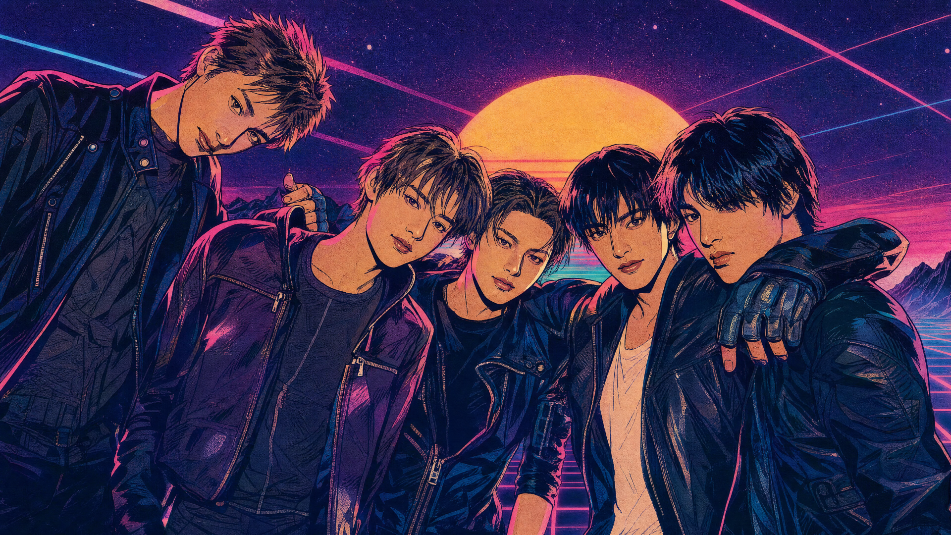 Cortis 4K Ultra HD PC desktop wallpaper — neon‑retro illustration of five young men in leather jackets before a glowing sun and wireframe grid, in vivid synthwave colors.