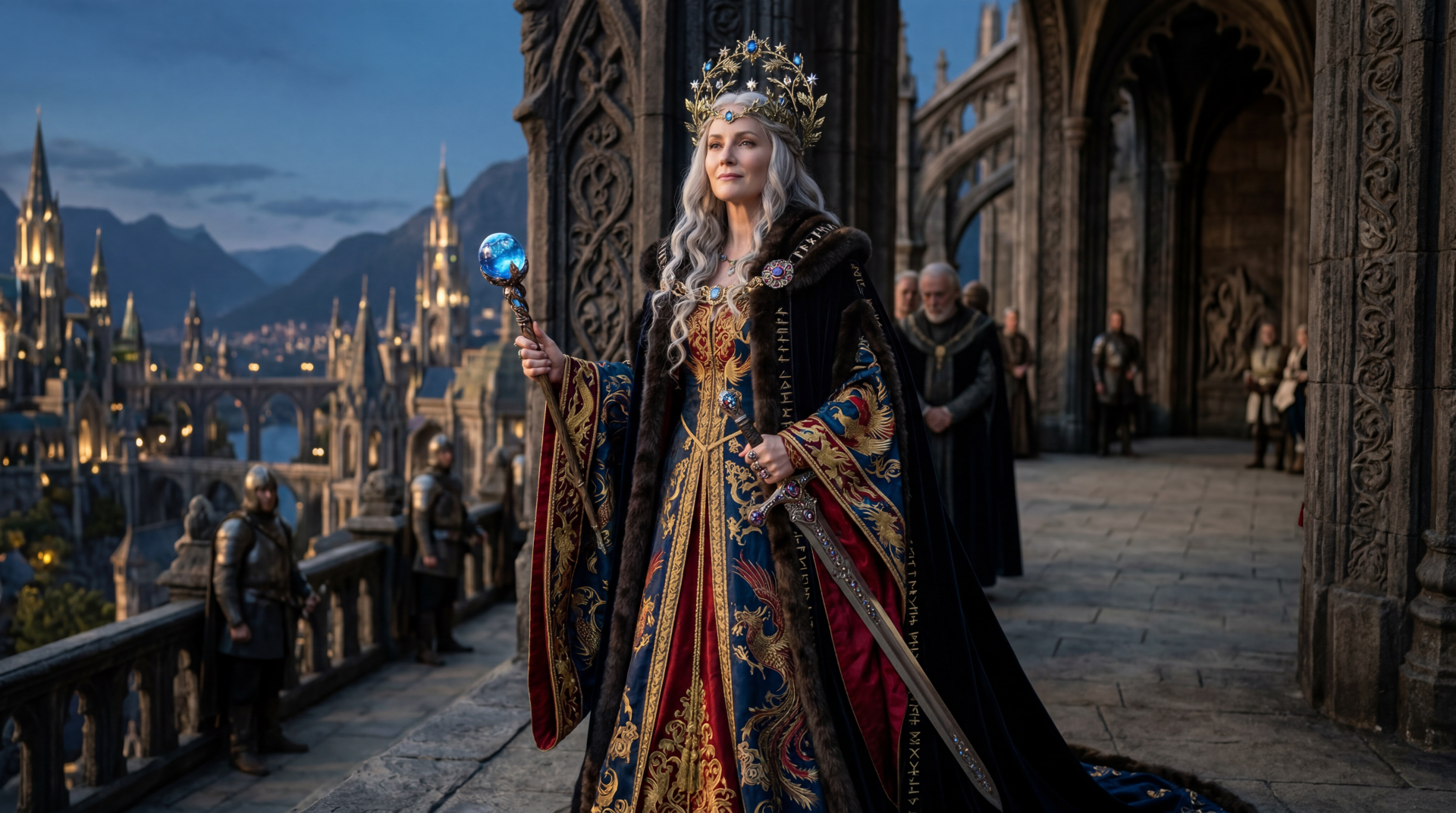 5K Ultra HD fantasy wallpaper: a regal empress in an ornate crown and embroidered robes holds a jeweled staff on a castle balcony overlooking a glowing medieval city.