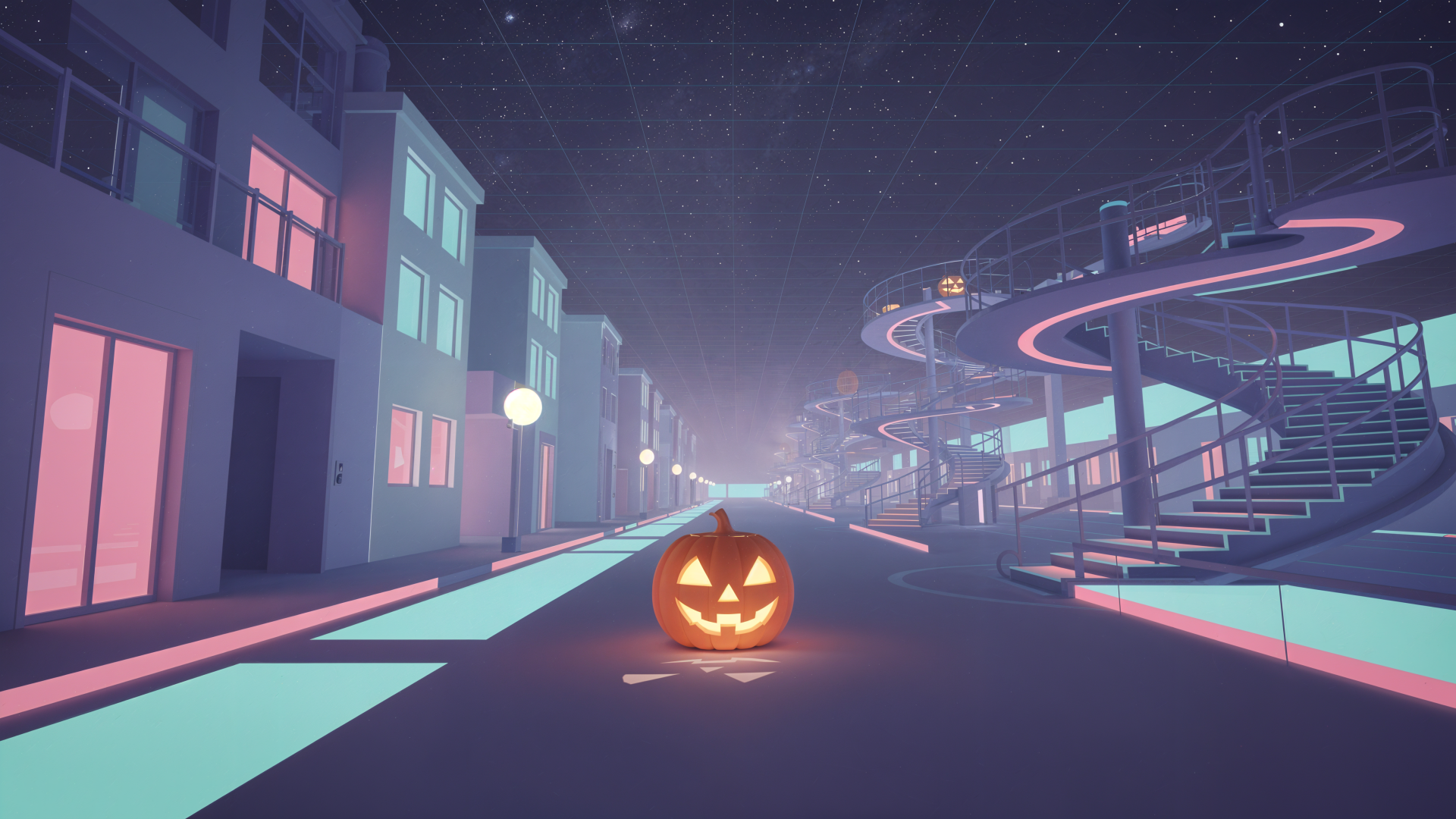 Minimal Halloween 4K Ultra HD PC desktop wallpaper: lone glowing jack-o'-lantern on a neon pastel street, flanked by sparse modern buildings and a spiral ramp under a starry night sky.