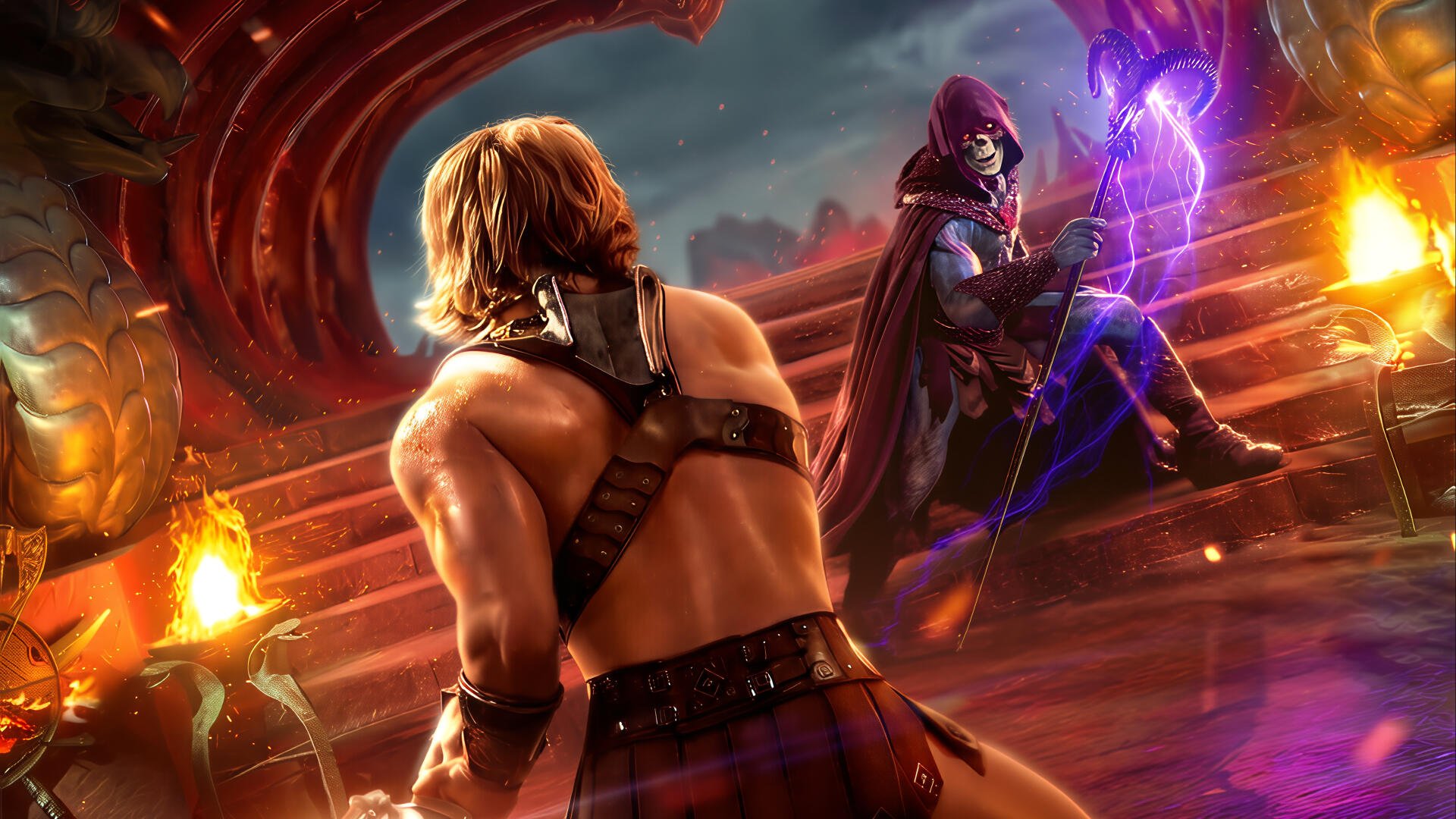 Masters of the Universe (2026) 4K Ultra HD PC desktop wallpaper and background: He-Man confronts a hooded sorcerer on fiery, ruinous steps beneath a stormy sky.