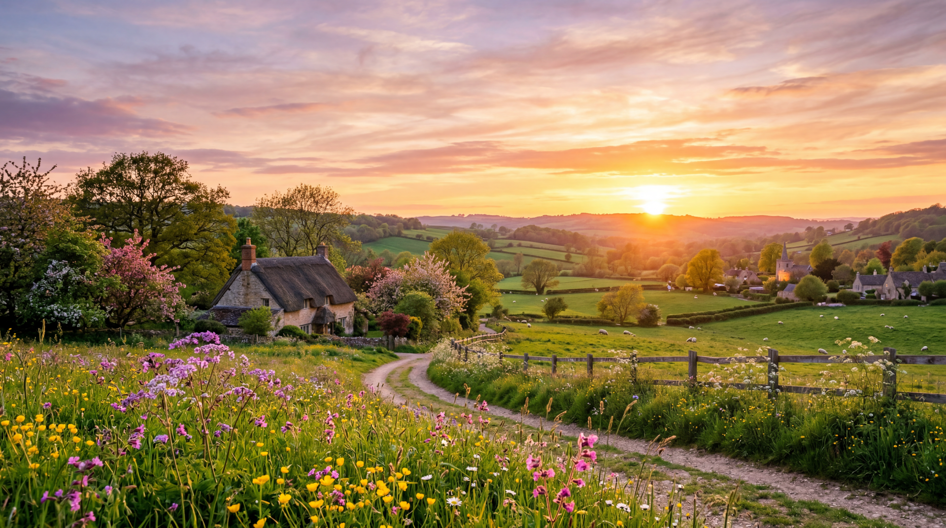 5K Ultra HD PC desktop wallpaper — spring sunset over rolling countryside, wildflowers lining a winding lane to a cottage as the golden sun sinks behind distant hills.