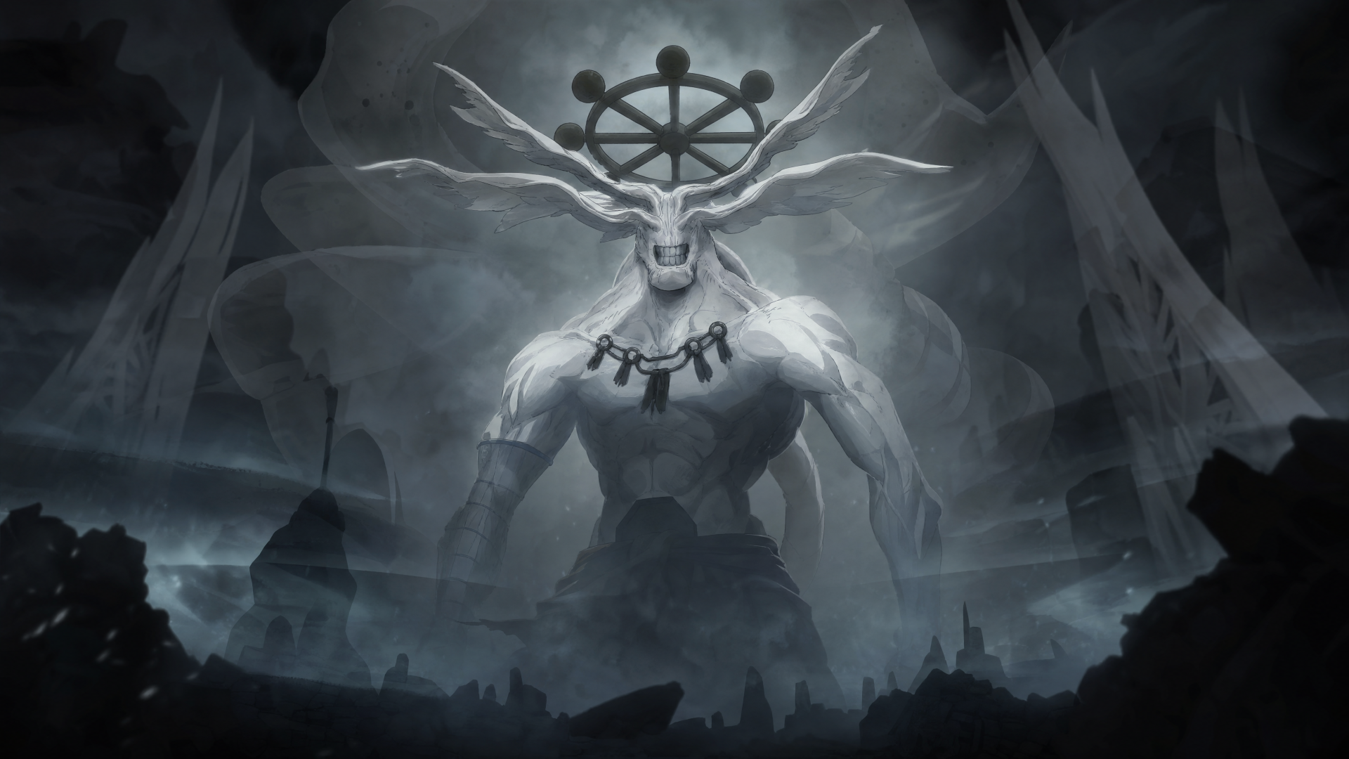 Mahoraga from Jujutsu Kaisen — towering horned, muscular guardian with branching antlers and chained collar looming over a misty ruined city; 4K Ultra HD PC desktop wallpaper/background.
