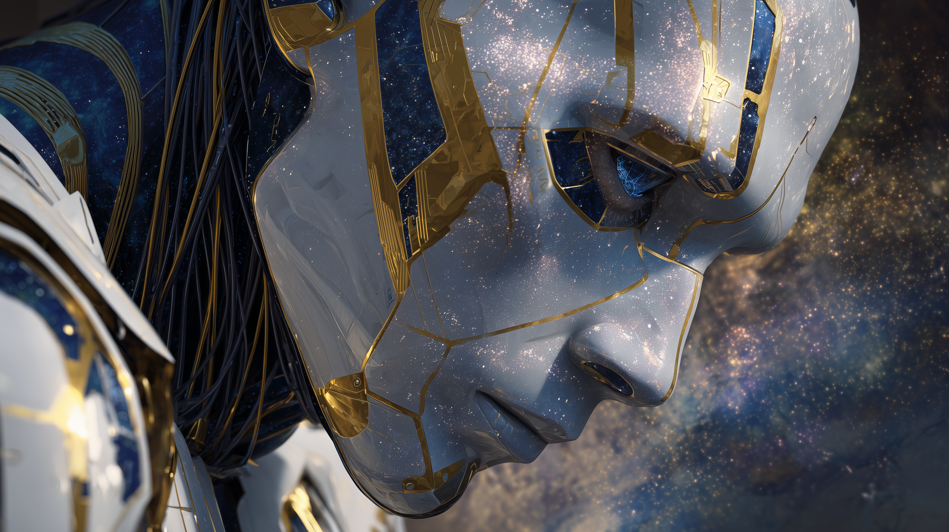 2K Quad HD PC desktop wallpaper and background of a sad sci‑fi robot—close-up cracked metallic face with gold seams, a tearlike glint and a starry cosmos reflected in its eye.