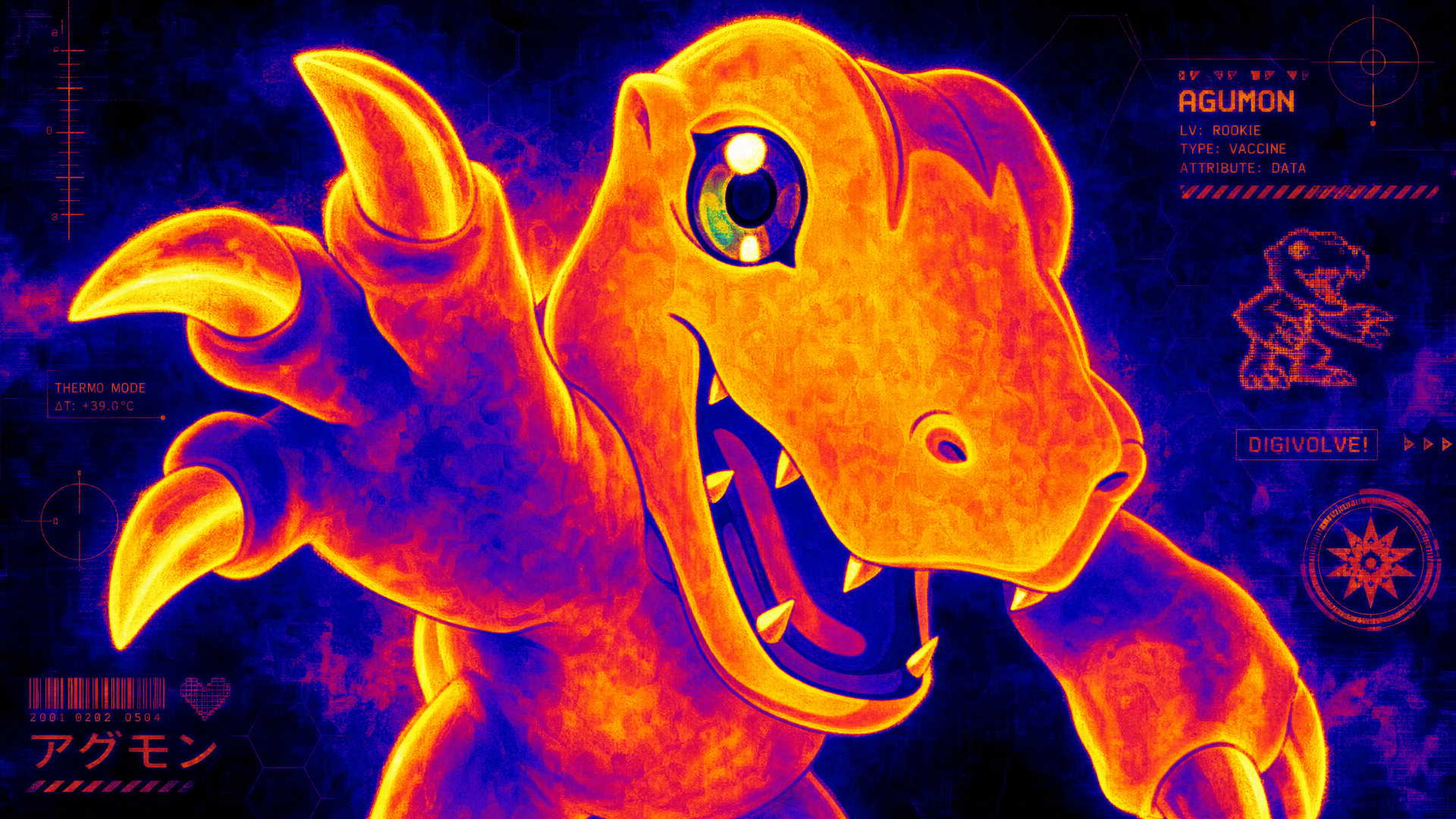 Heatmap-style Agumon close-up in fiery orange and purple, claw outstretched with HUD accents — 4K Ultra HD PC Desktop Wallpaper and Background