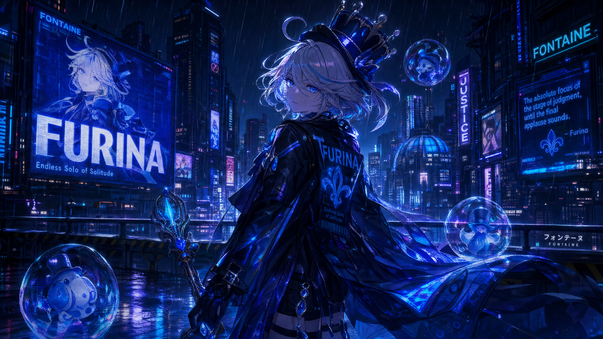 Furina (Genshin Impact) in a neon-blue cyberpunk city at night, holographic bubbles and glowing billboards — 4K Ultra HD PC desktop wallpaper and background.