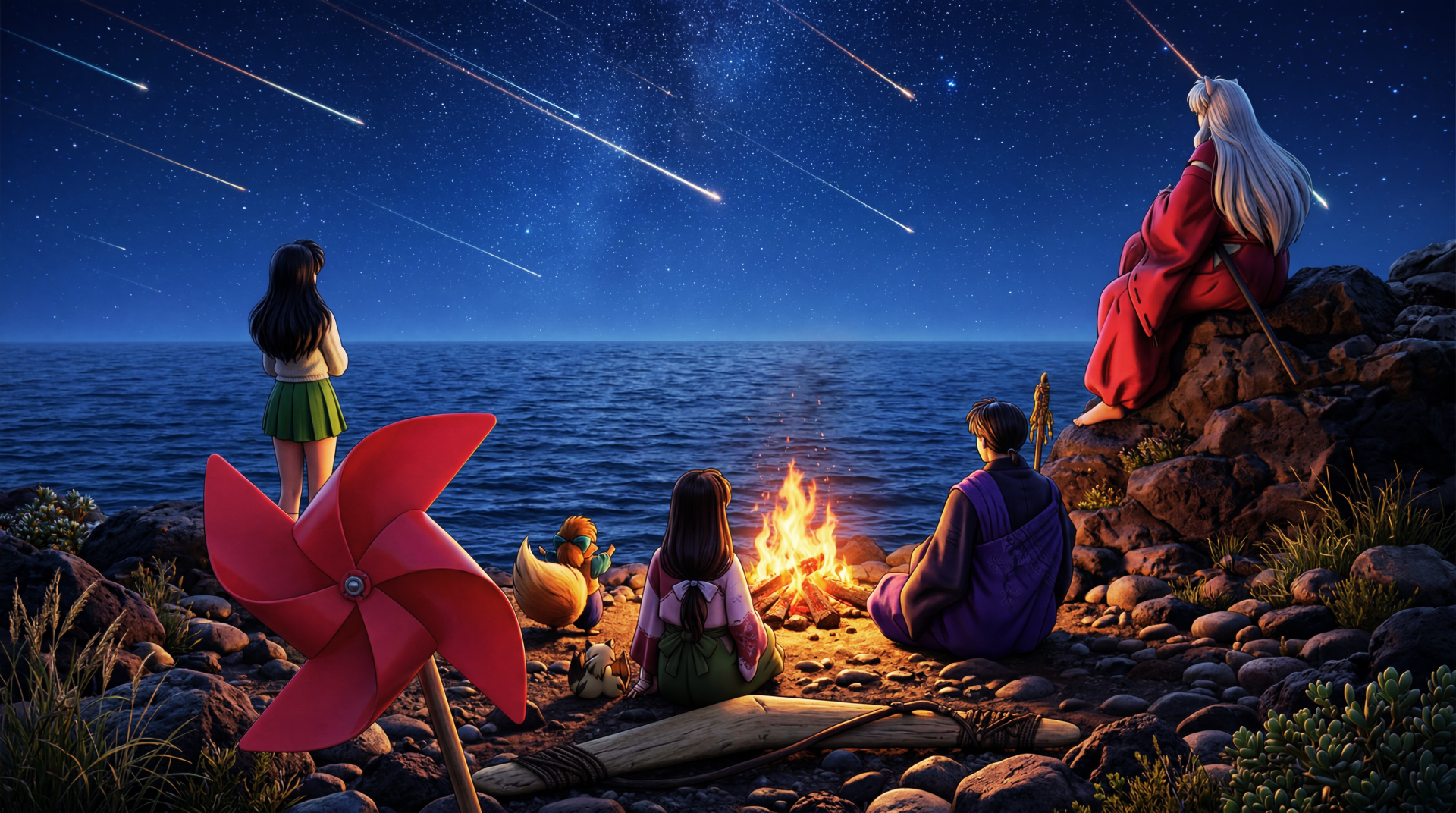 5K Ultra‑HD anime wallpaper: Inuyasha and Kagome at a campfire on a rocky shore, watching falling stars over the sea — a serene PC desktop background.