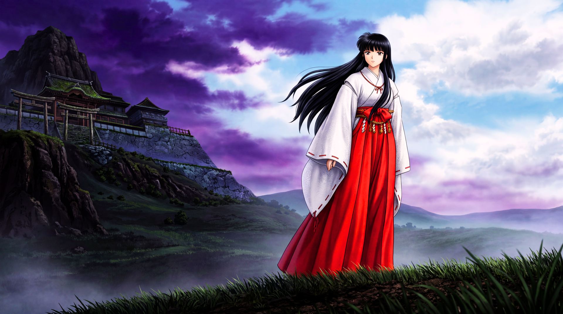 Kikyō (InuYasha), a fantasy anime priestess in white kimono and red hakama, stands on a grassy hill before a feudal Japan fortress under a purple-blue sky — 5K Ultra HD PC wallpaper.