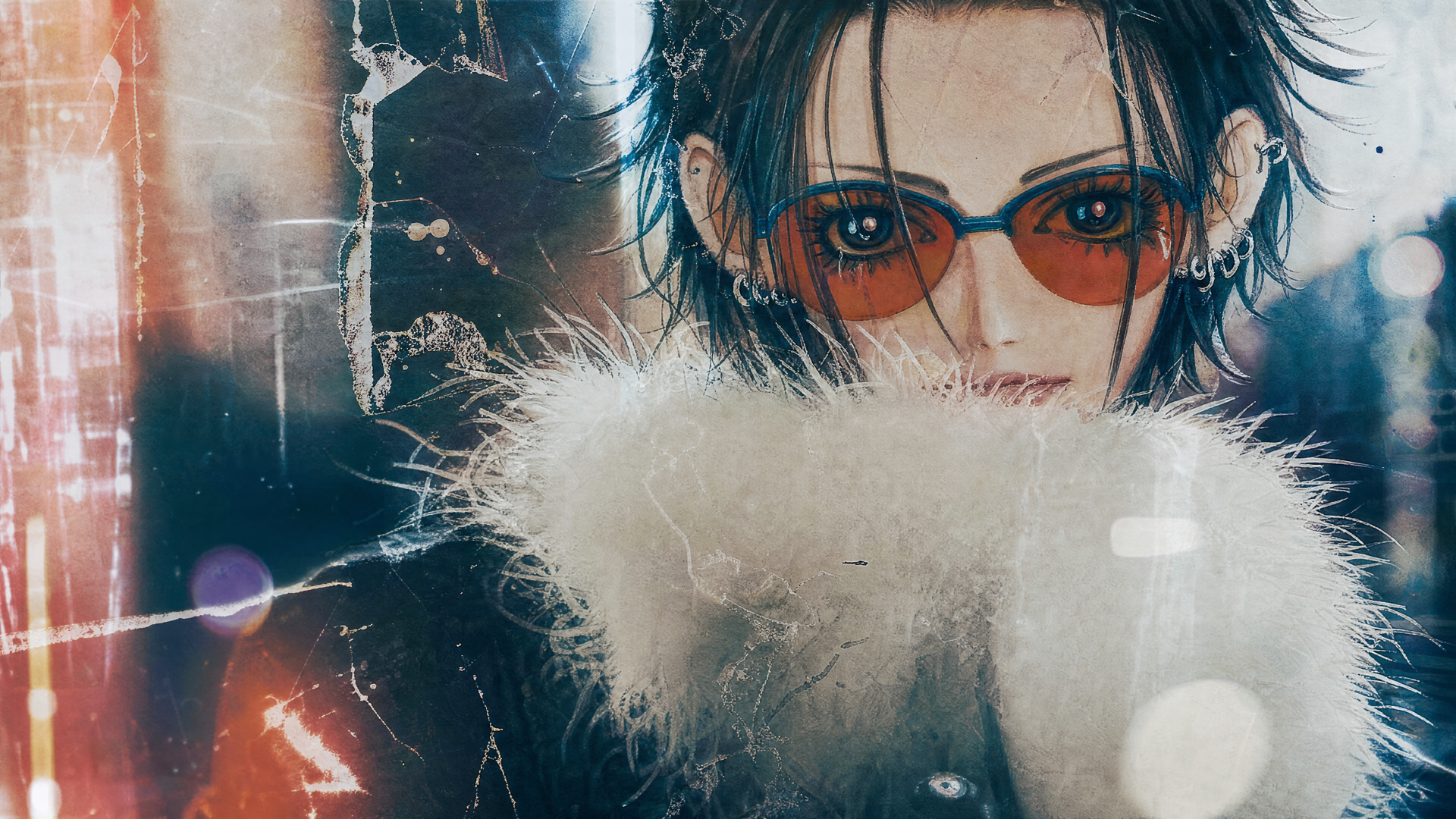 Close-up of Nana, anime-style woman with dark hair, red-tinted glasses and a fluffy fur collar, moody grunge lighting; 4K Ultra HD PC desktop wallpaper/background.