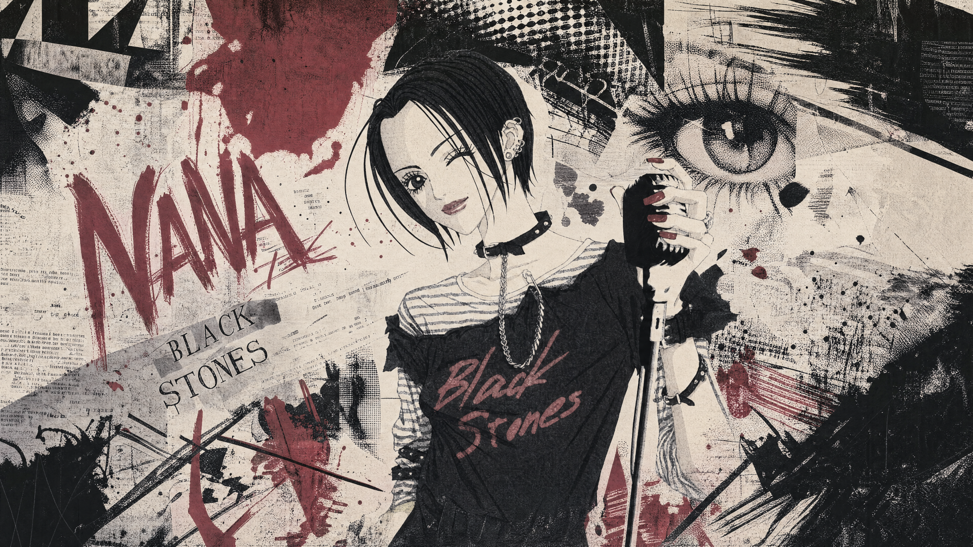 Nana anime wallpaper in 4K Ultra HD PC desktop background: grunge collage of short-haired rocker Nana in a Black Stones shirt, holding a microphone amid graffiti text and an oversized eye motif.
