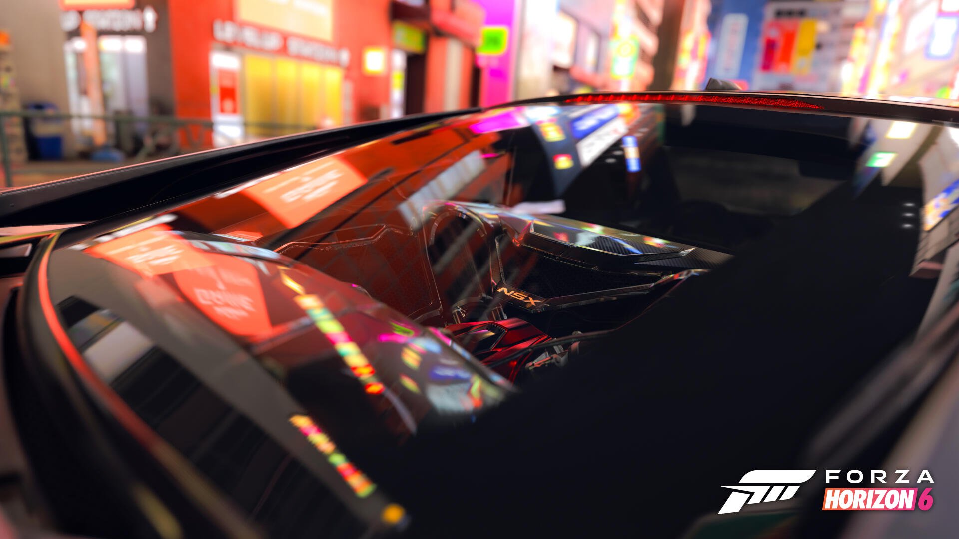 Forza Horizon 6 video game 4K Ultra HD PC desktop wallpaper and background: glossy sports car roof and exposed engine reflecting neon city lights in a vibrant urban night.
