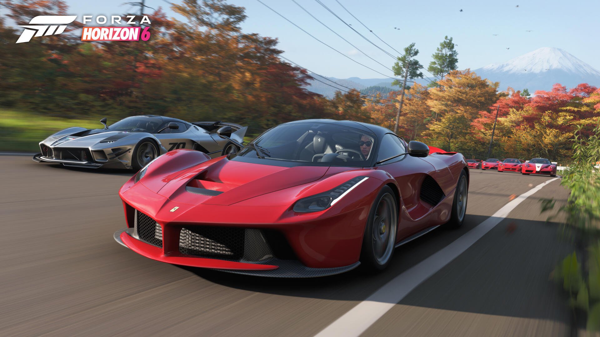 Forza Horizon 6 video game 4K Ultra HD PC desktop wallpaper and background: red supercar leads a pack along an autumn-lit country road.