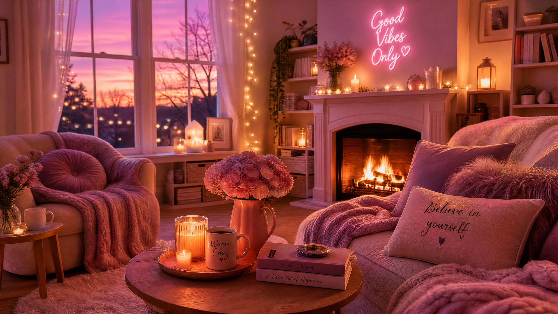 Warm and Cozy 4K Ultra HD PC desktop wallpaper/background: pink-hued living room at sunset with a roaring fireplace, plush throws, string lights, candles, and flowers.