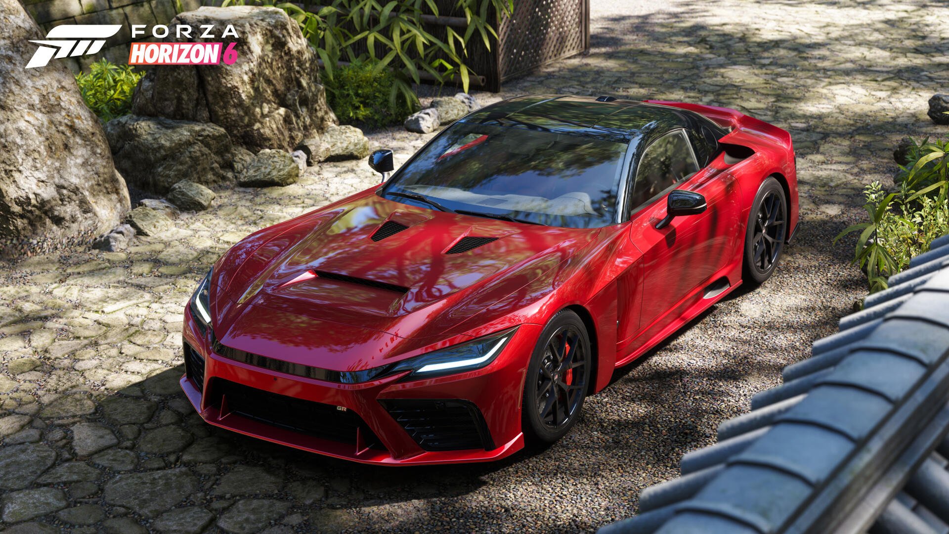 Forza Horizon 6 video game 4K Ultra HD PC desktop wallpaper/background: a glossy red sports car on a sunlit stone road surrounded by tropical foliage, high-detail racing scene with Forza logo.