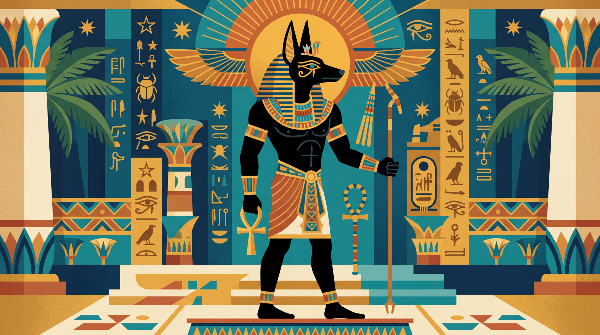 Stylized Anubis standing in a vibrant ancient Egyptian temple with hieroglyphs, palms and a sun disk — 5K Ultra HD PC desktop wallpaper/background.