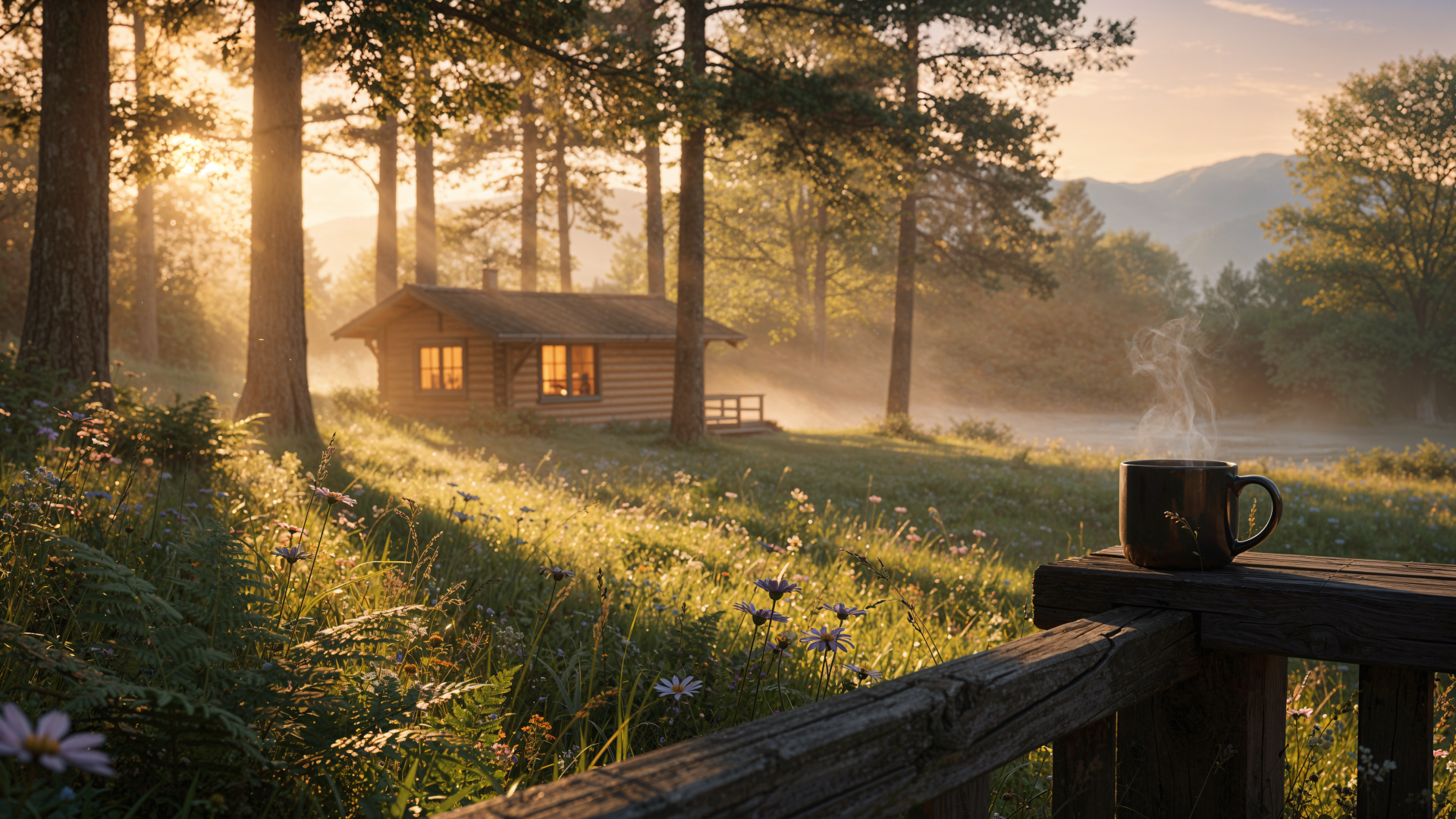 Cozy morning cabin in a misty pine forest at sunrise, wildflowers and steaming mug on a fence; 4K Ultra HD PC Desktop Wallpaper and Background.