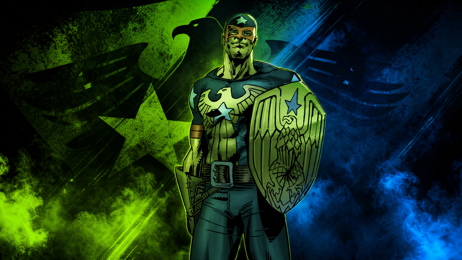 Soldier Boy (The Boys) in star-spangled armor and shield, standing against a grungy green-blue backdrop — 4K Ultra HD PC desktop wallpaper/background.