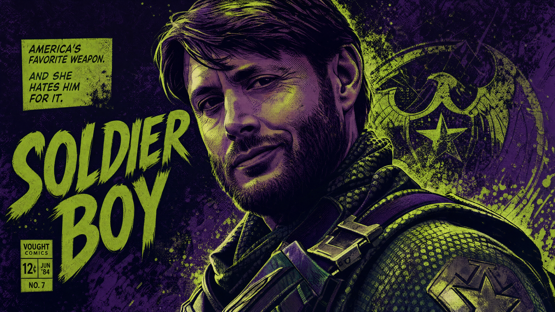4K Ultra HD PC desktop wallpaper of Soldier Boy (The Boys): stylized purple-green portrait, smirking in tactical gear with bold Soldier Boy title and comic-book textures.