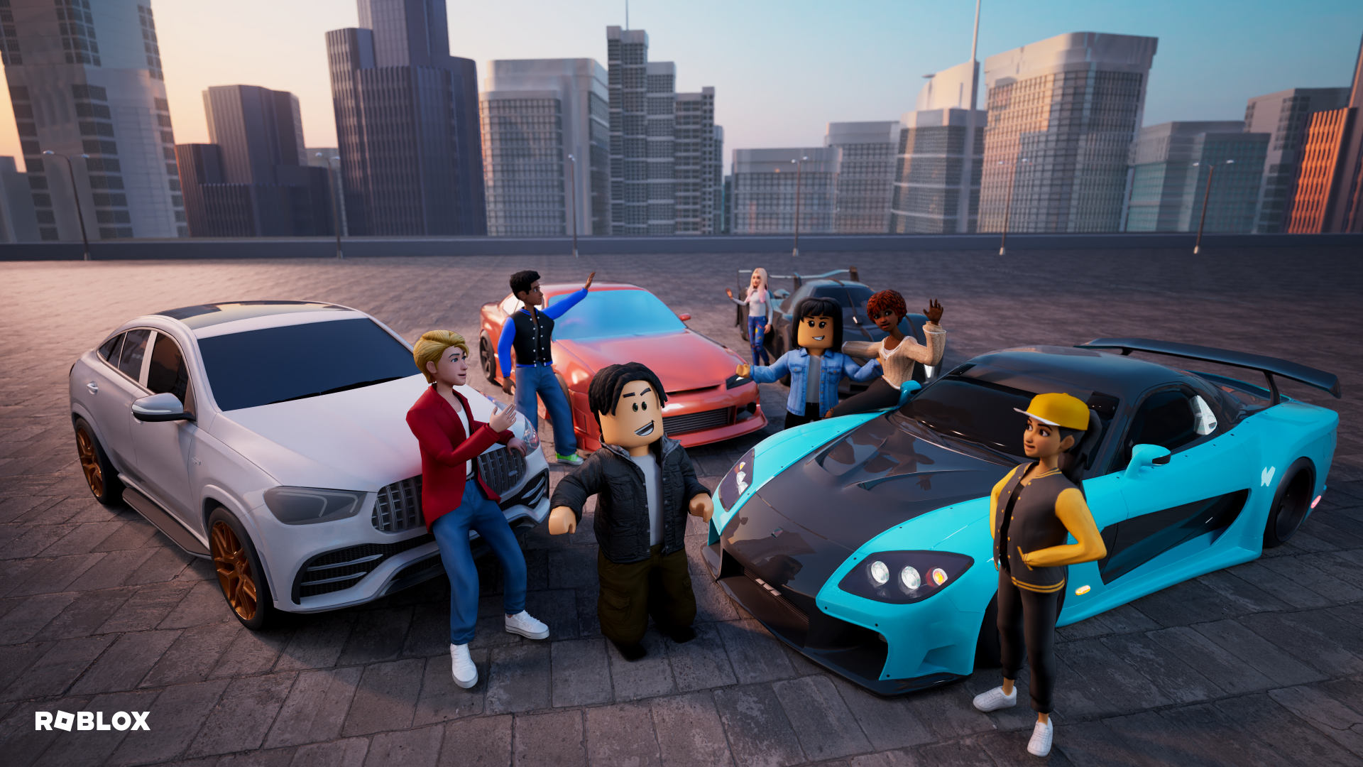 Roblox avatars posing around luxury sports cars on a rooftop with a modern city skyline at sunset — 4K Ultra HD PC desktop wallpaper from the video game Roblox.