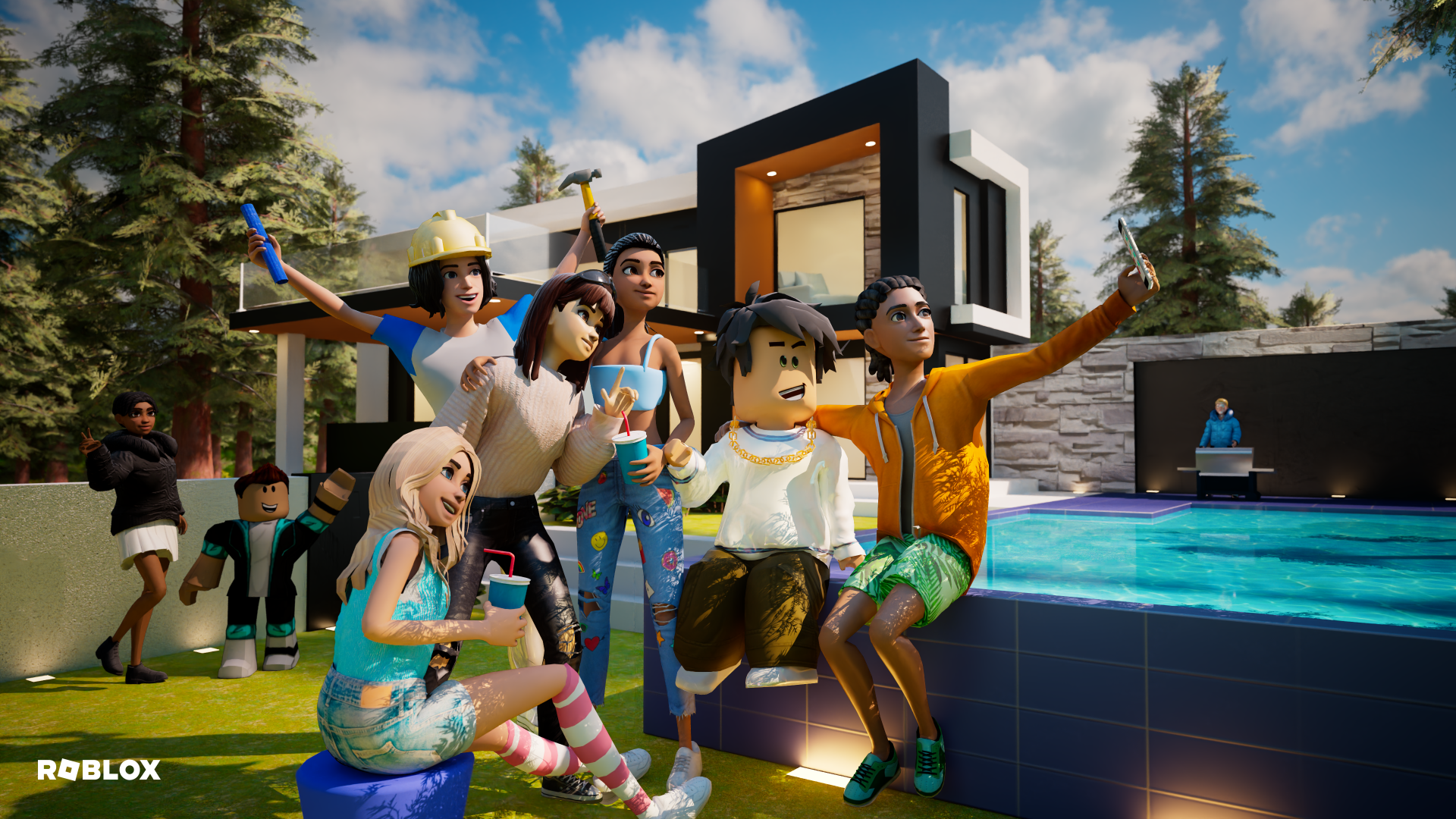 Colorful Roblox video game scene with avatars posing by a modern house and pool under a blue sky — 4K Ultra HD PC desktop wallpaper and background.