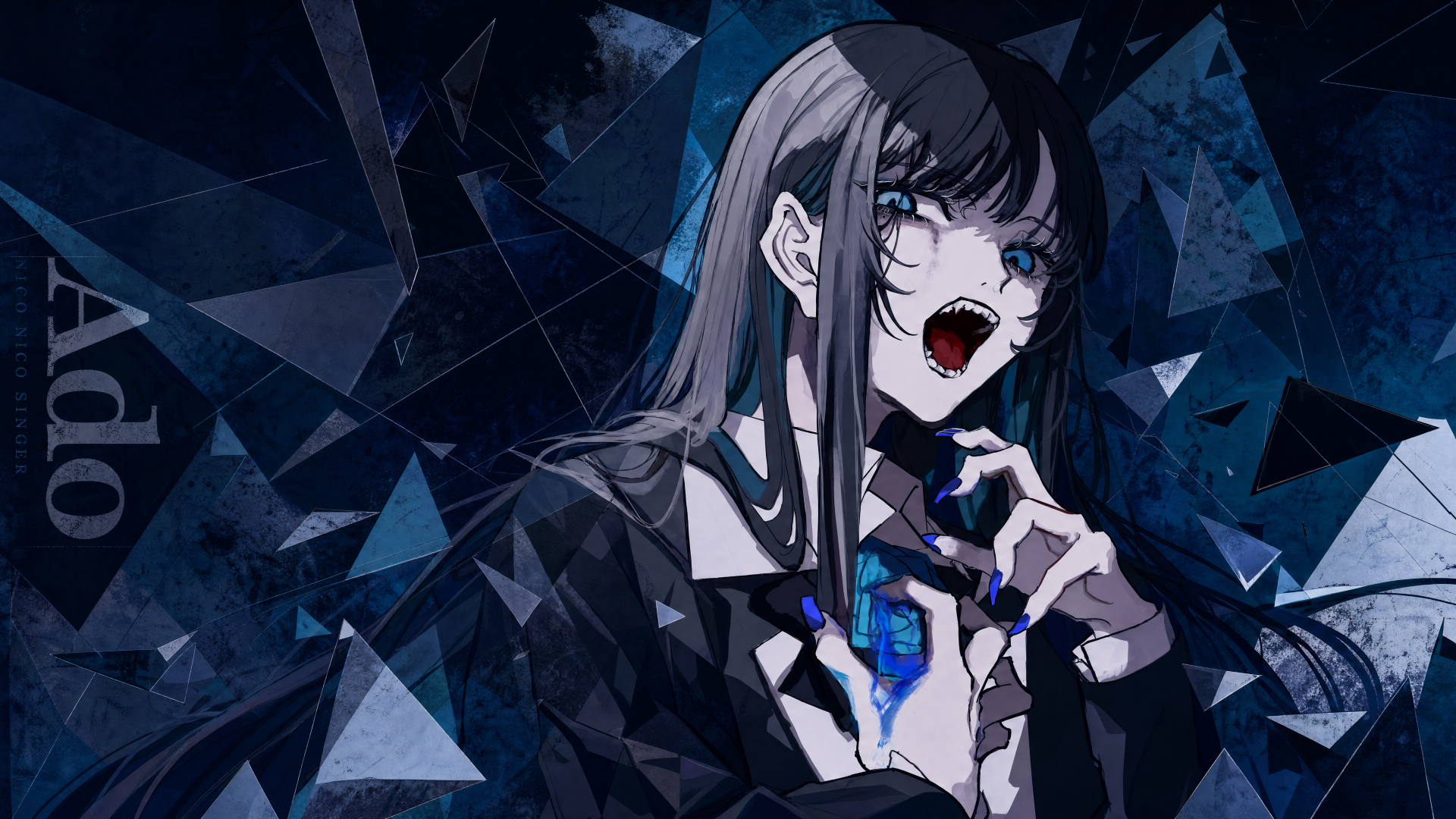 4K Ultra HD PC wallpaper: stylized dark portrait of a fierce female vocalist with long hair and blue eyes, mouth open mid-song, clutching a glowing blue heart amid shattered glass and geometric shards.