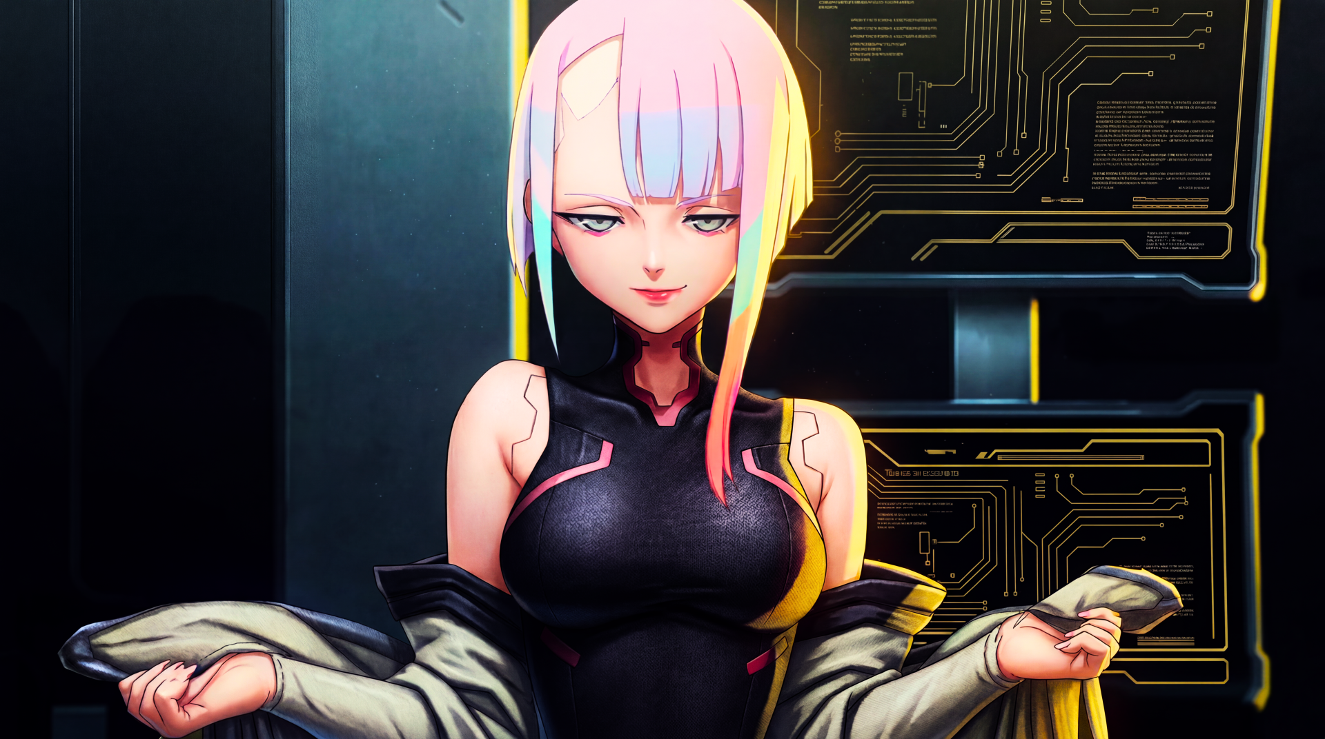 Lucy from Cyberpunk: Edgerunners, a pink-haired anime girl waifu in a neon cyberlab, framed as a 5K Ultra HD PC desktop wallpaper.