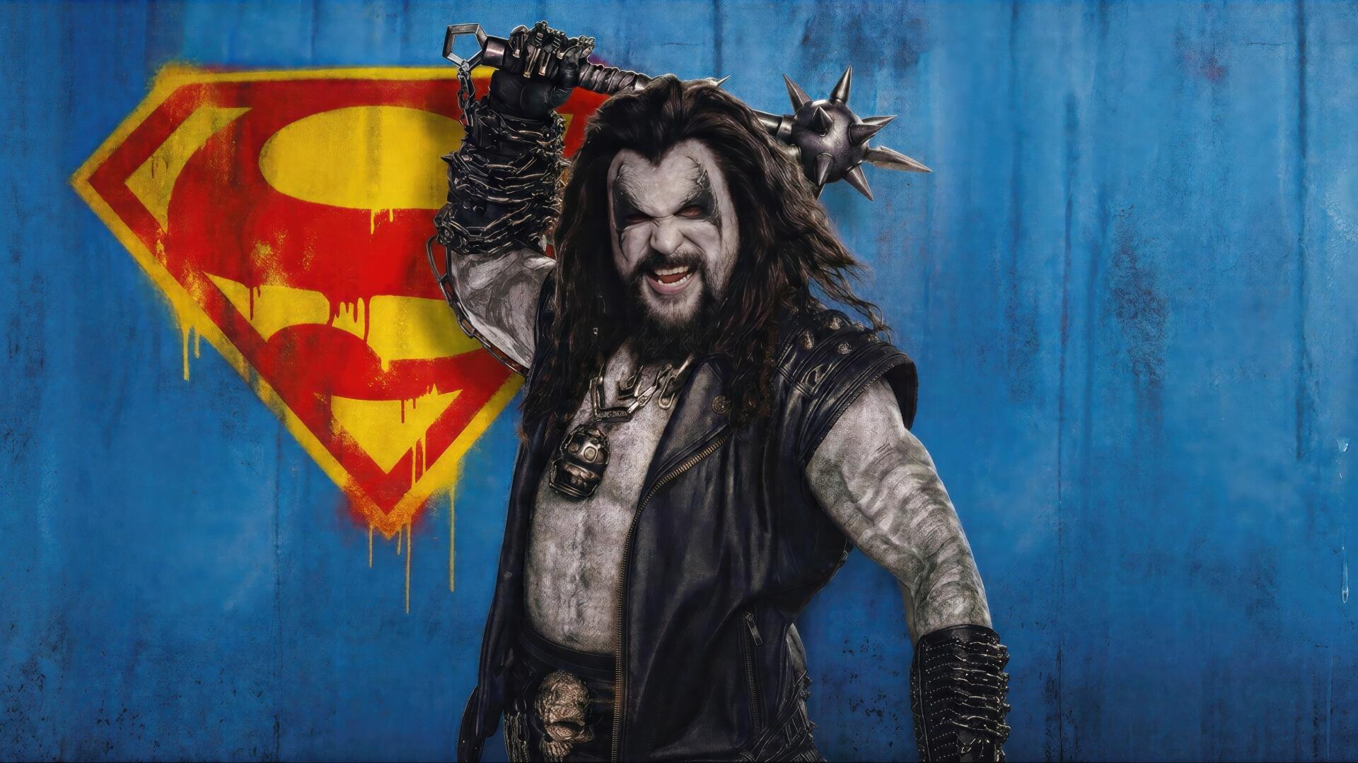 Grungy 4K Ultra HD PC desktop wallpaper for Supergirl (2026): snarling armored villain with spiked mace stands before a spray‑painted S emblem on a blue wall.