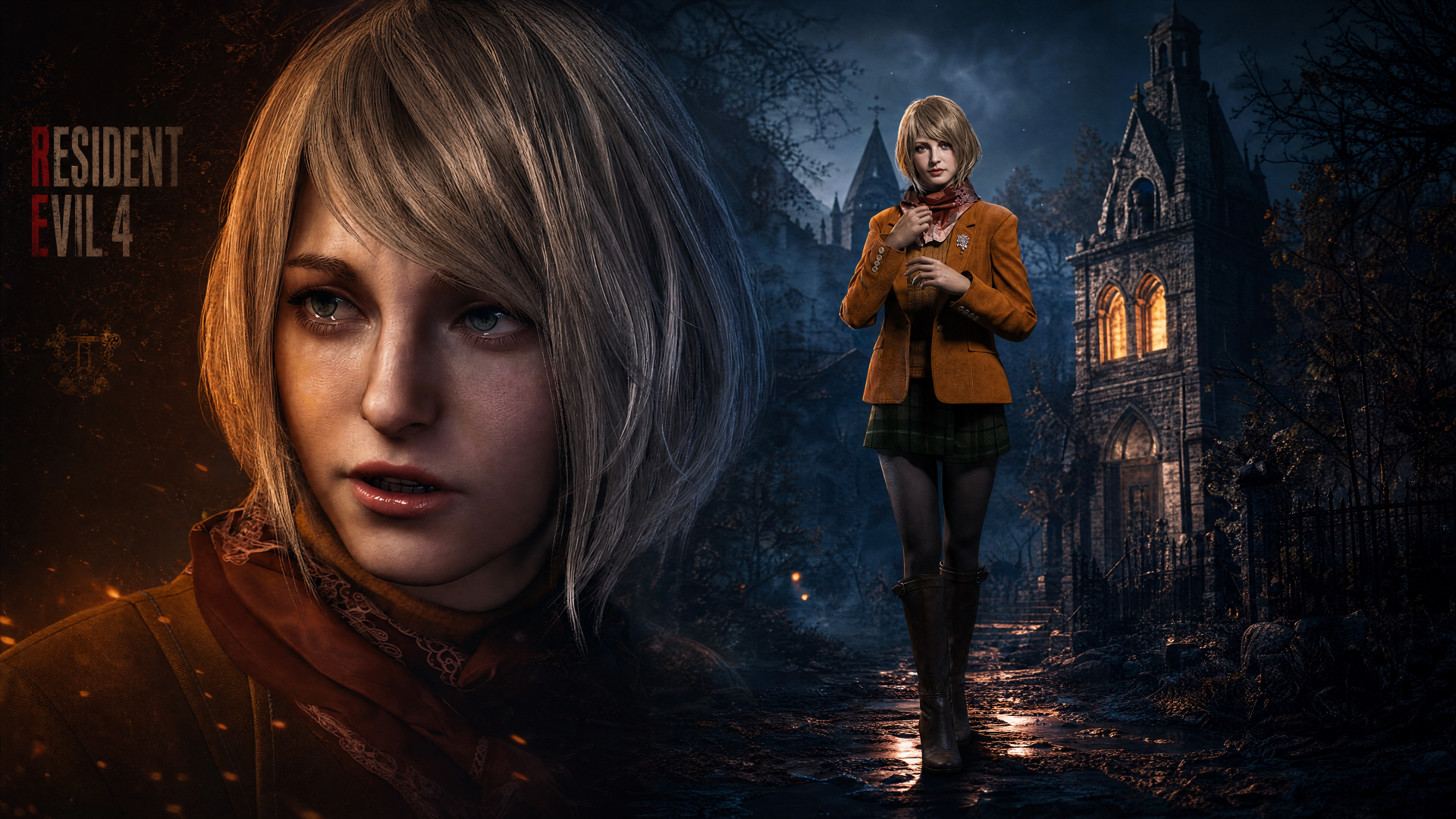 Resident Evil 4 4K Ultra HD PC desktop wallpaper: Ashley in close-up and full-body amid a moonlit, rain-slick village path with a glowing gothic church ruin.