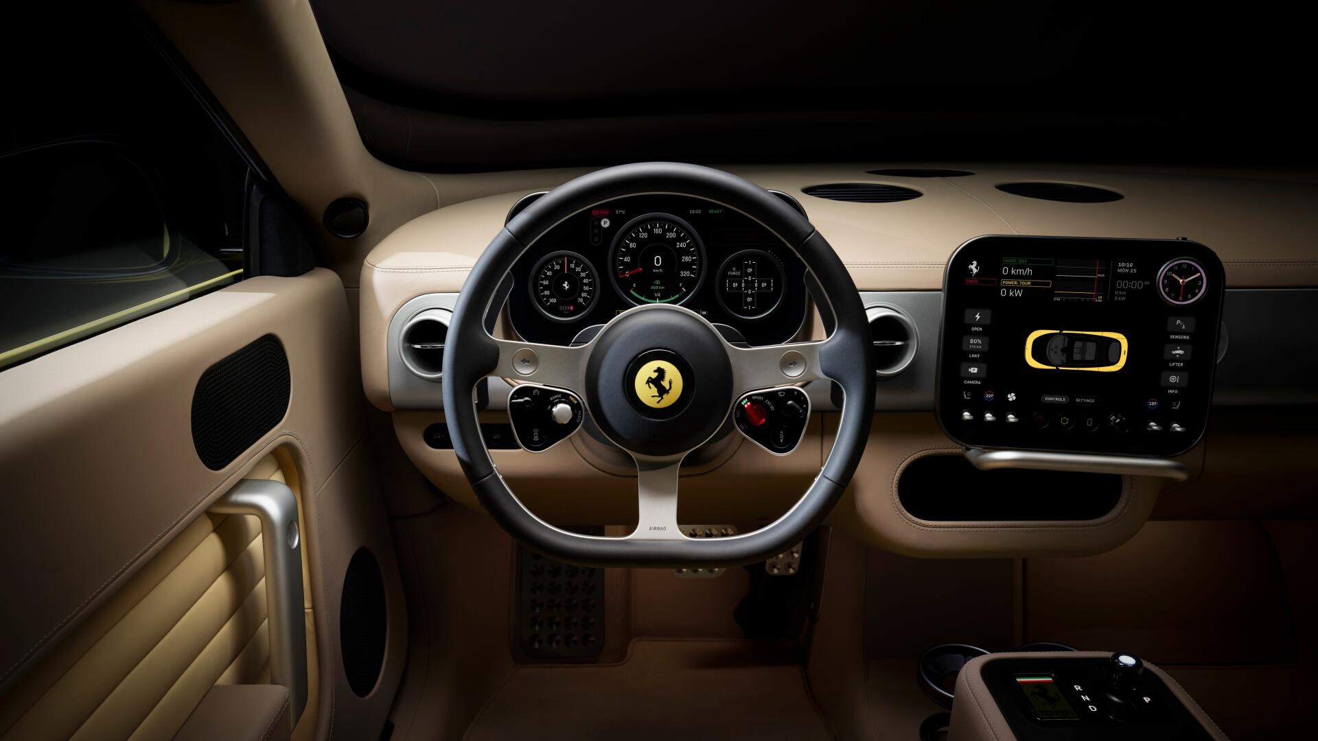 Interior cockpit view of a Ferrari Luce: beige leather dashboard, signature prancing-horse steering wheel and digital center display — 4K Ultra HD PC desktop wallpaper and background.