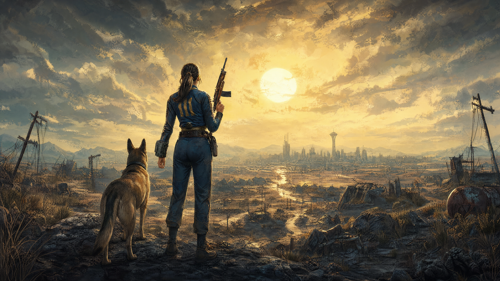 Fallout (TV Show) 4K Ultra HD desktop wallpaper: lone Vault dweller with rifle and dog surveys a shattered wasteland and distant city beneath a glowing, low sun.