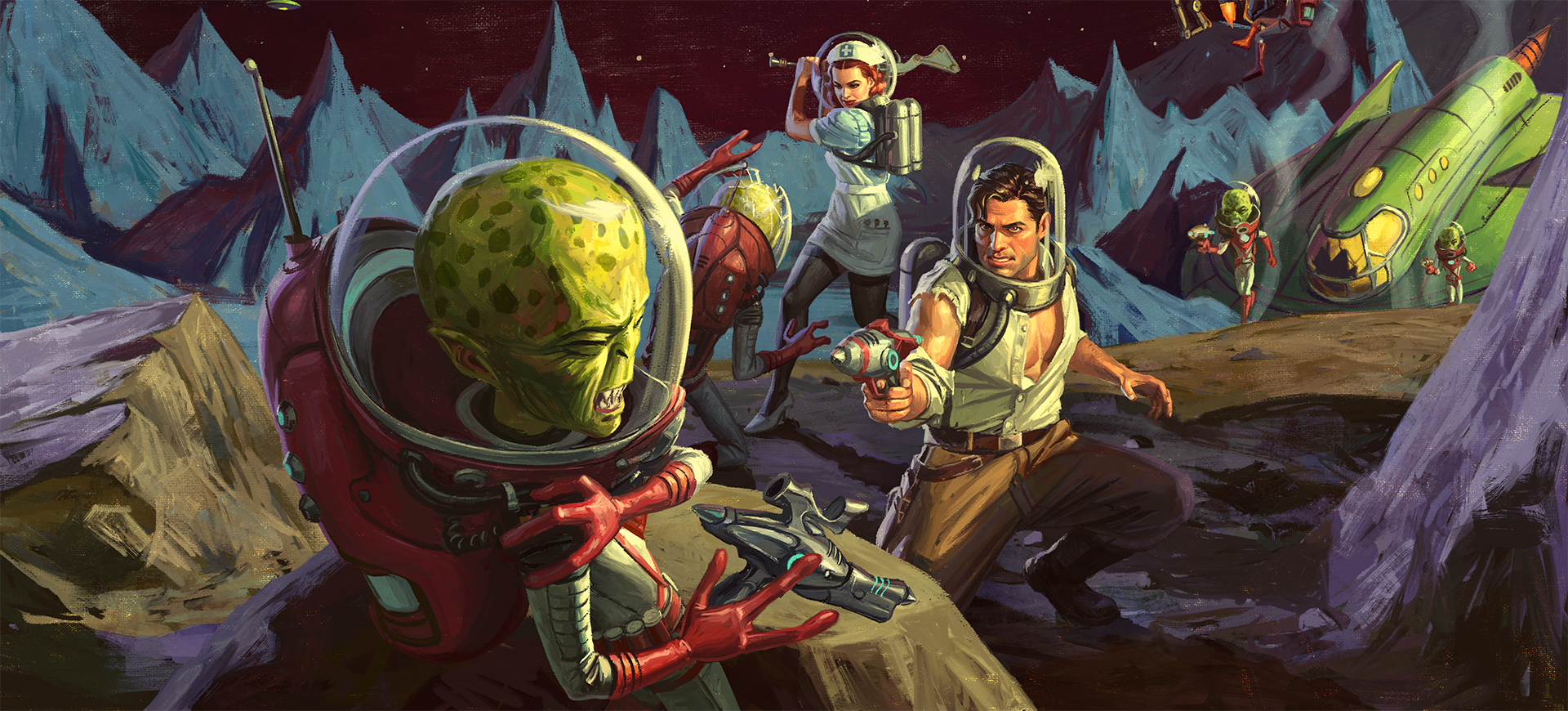 Fallout 76 video game HD PC desktop wallpaper/background: retro sci-fi Fallout scene of helmeted explorers firing on green-skinned aliens across a jagged, moonlike rocky landscape.