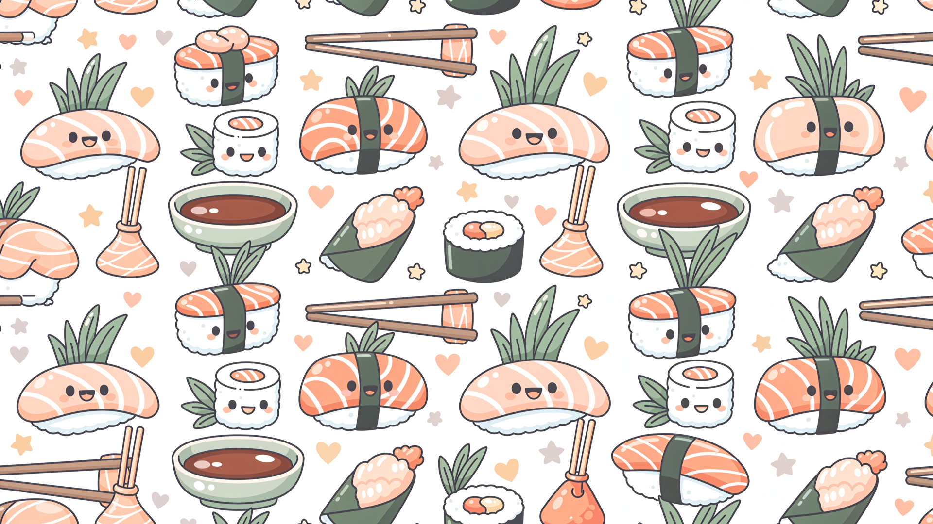 Pastel kawaii sushi pattern with smiling nigiri, maki, soy sauce bowls and chopsticks — 4K Ultra HD PC desktop wallpaper/background.